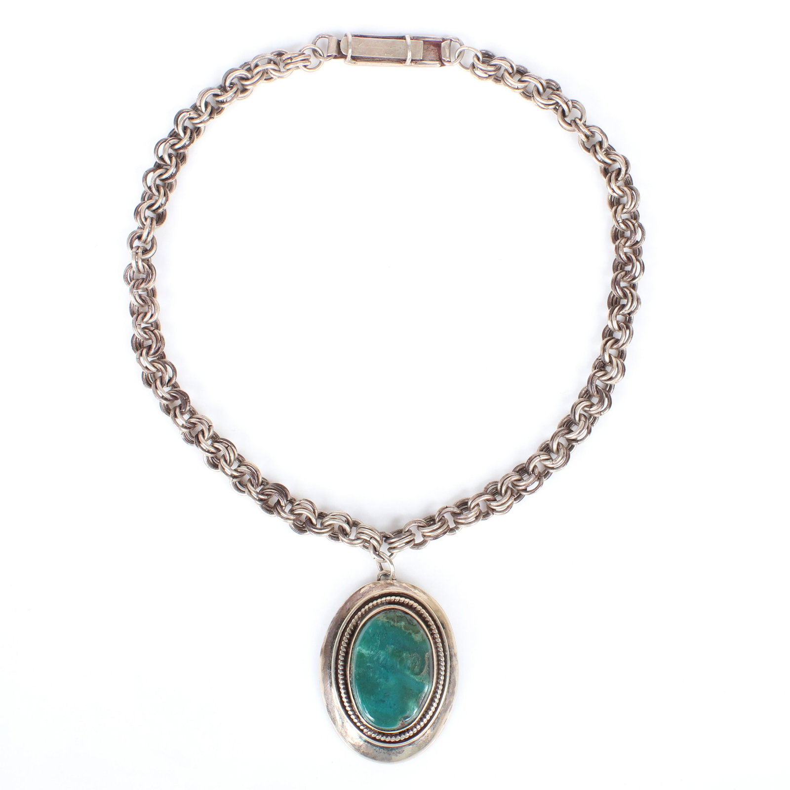Mildred Ball American Modernist sterling silver choker: Mildred Ball American Modernist sterling silver choker necklace with oval green stone set in a layered mount pendant with handmade double link chain. Ball was a Mid-Century jeweler, enamelist and an e