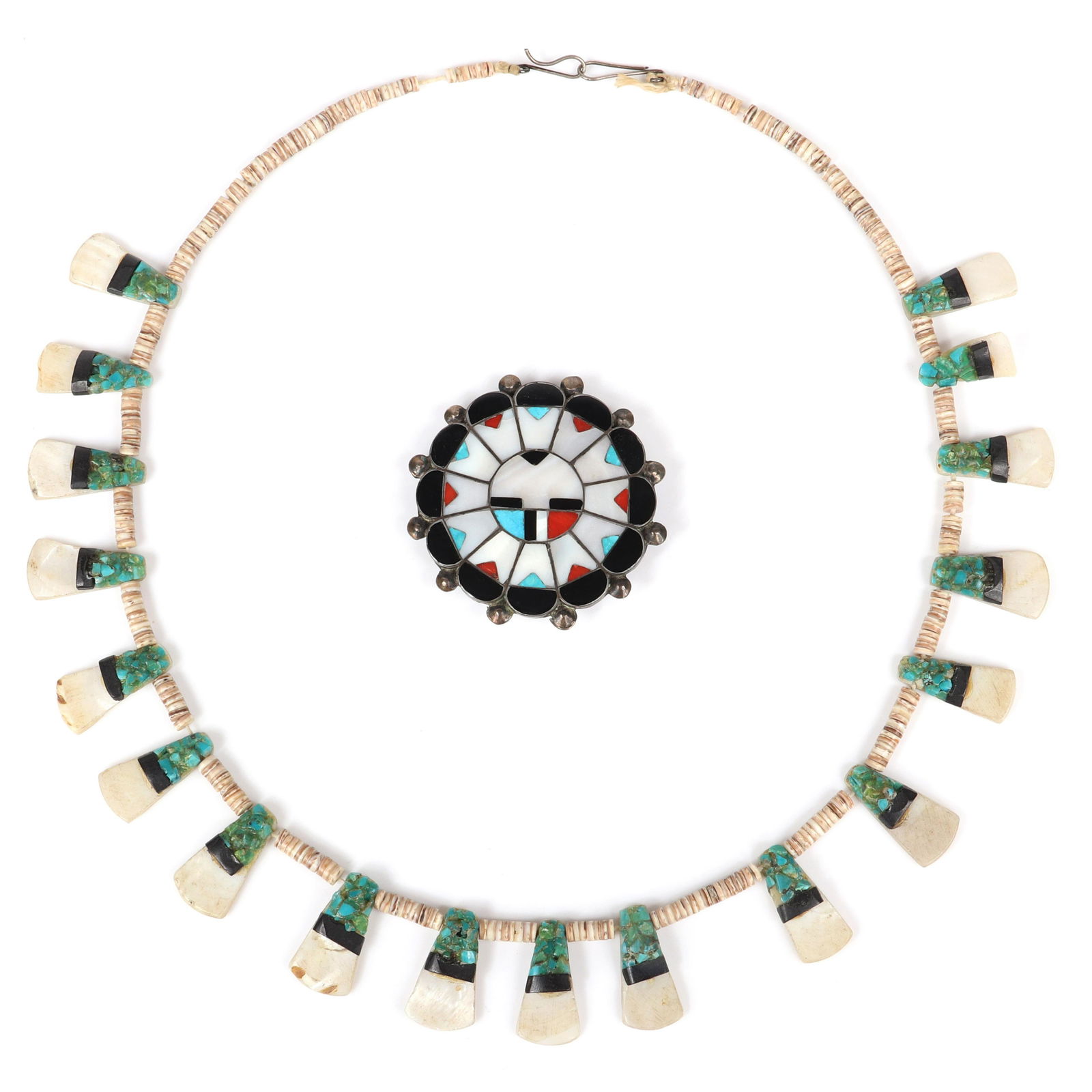 Native American Indian heishi bead necklace with shell: Native American Indian heishi bead necklace with shell and turquoise matirix stations, paired with sterling silver and inlaid coral, abalone and turquoise god bolo tie. 25"L (necklace), 2 1/2"diam (bo