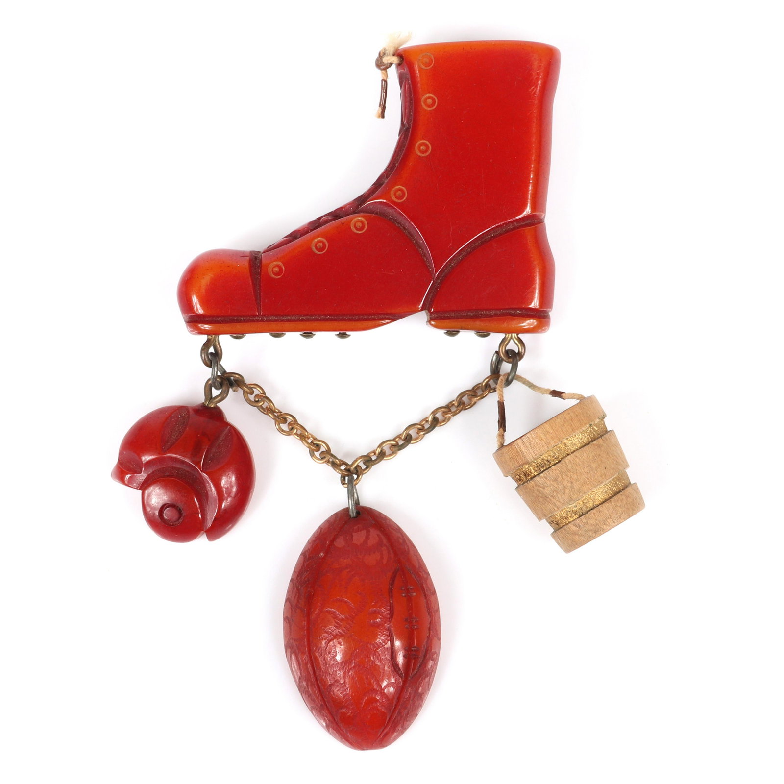 Vintage Martha Sleeper? large Bakelite varsity football: Vintage Martha Sleeper? large Bakelite varsity football themed pin brooch with carved boot and Bakelite helmet, football and wooden bucket charms. 4 1/2"H x 2 1/2"W