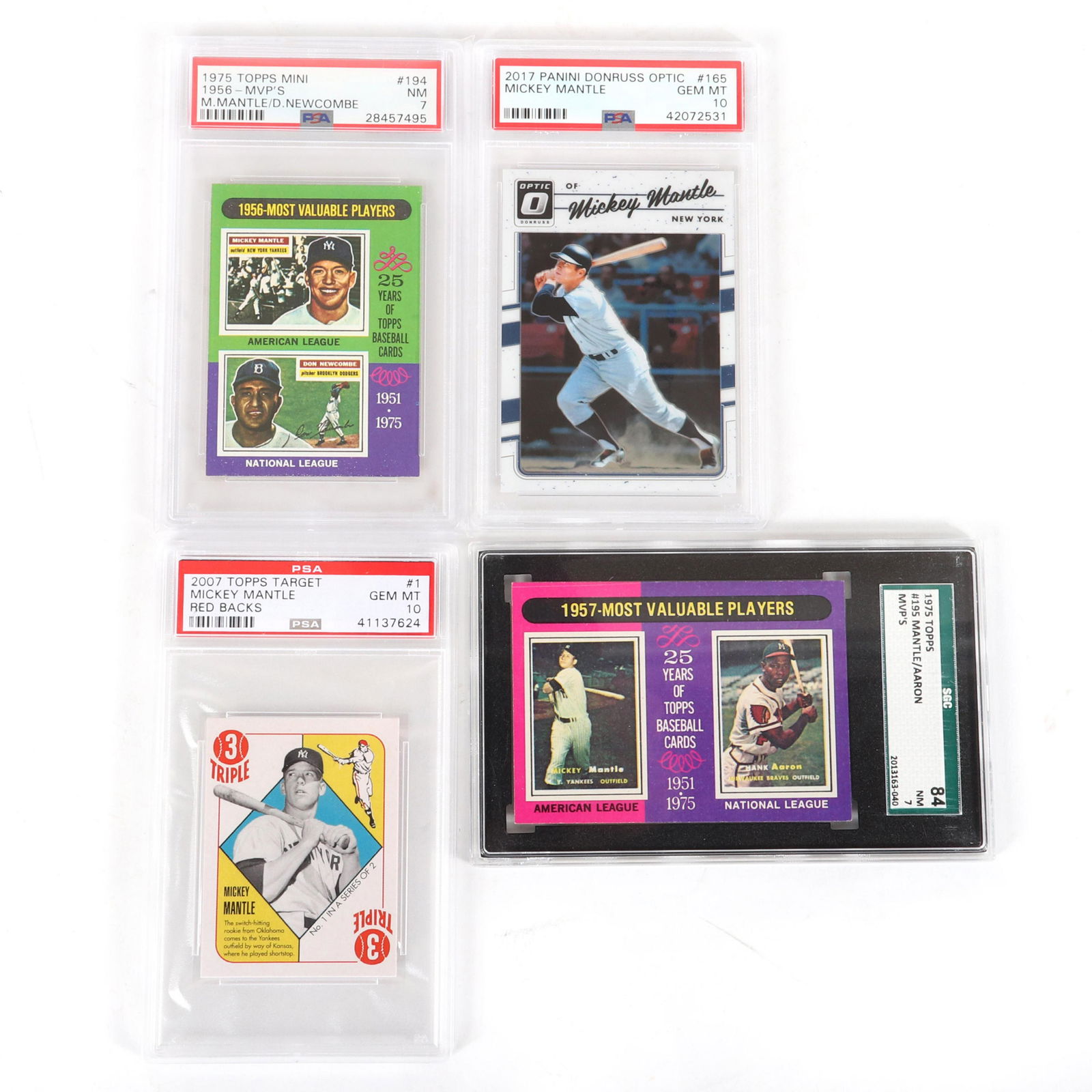 4 Mickey Mantle Graded Cards, 2-PSA Gem Mint 10, & 2 NM: 4 Mickey Mantle Graded Cards, 2-PSA Gem Mint 10, & 2 NM 7 Lot of 4 Mickey Mantle professionally graded baseball cards. The lot includes: 2007 Topps Target Red Backs #1 PSA 10 Gem Mint, 2017 Panini Don
