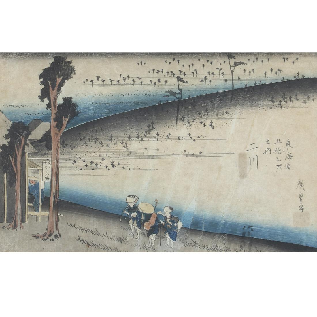Ando Hiroshige, Japanese (1797-1858), Shimada, from 53: Ando Hiroshige Japanese (1797-1858) Shimada, from 53 Stations of the Tokaido Line color woodblock print Uchida Art Co. label verso. 8 3/4"H x 13"W (image), 14 1/2"H x 19 3/4"W (frame)
