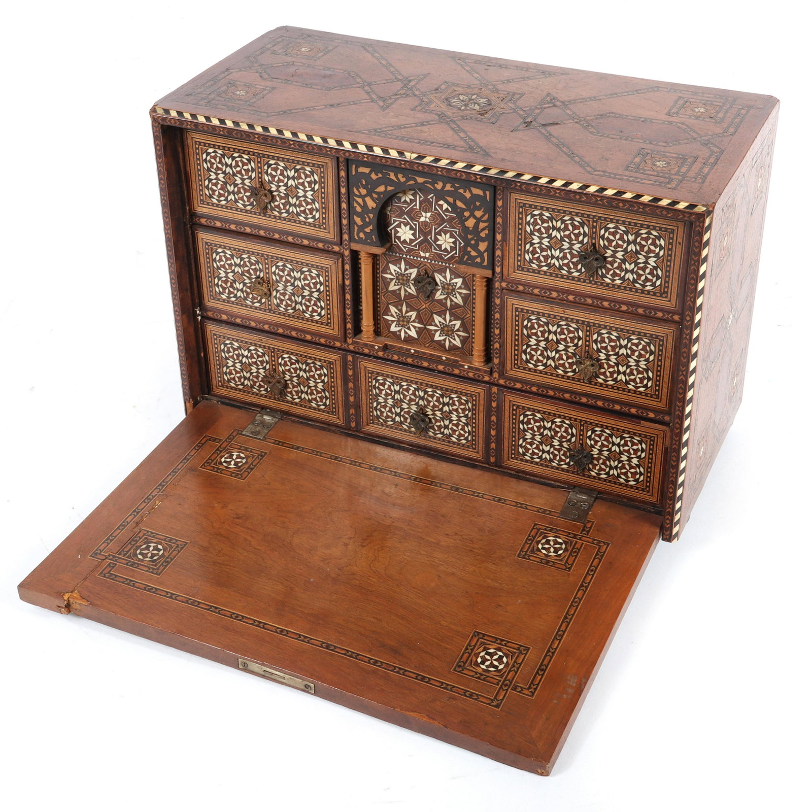 Islamica Syrian Nasrid Revival bone and hardwood: Islamica Syrian Nasrid Revival bone and hardwood marquetry micro mosaic inlaid table cabinet chest with 8 drawers. 11"H x 16"W x 8"D