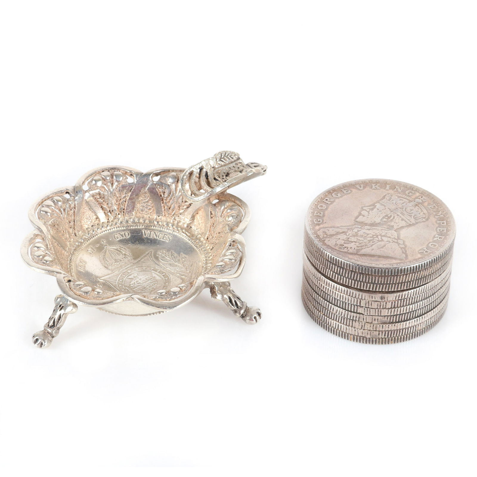 Two pc. antique silver; 1915 and 1917 India Rupee coin (1 of 6)