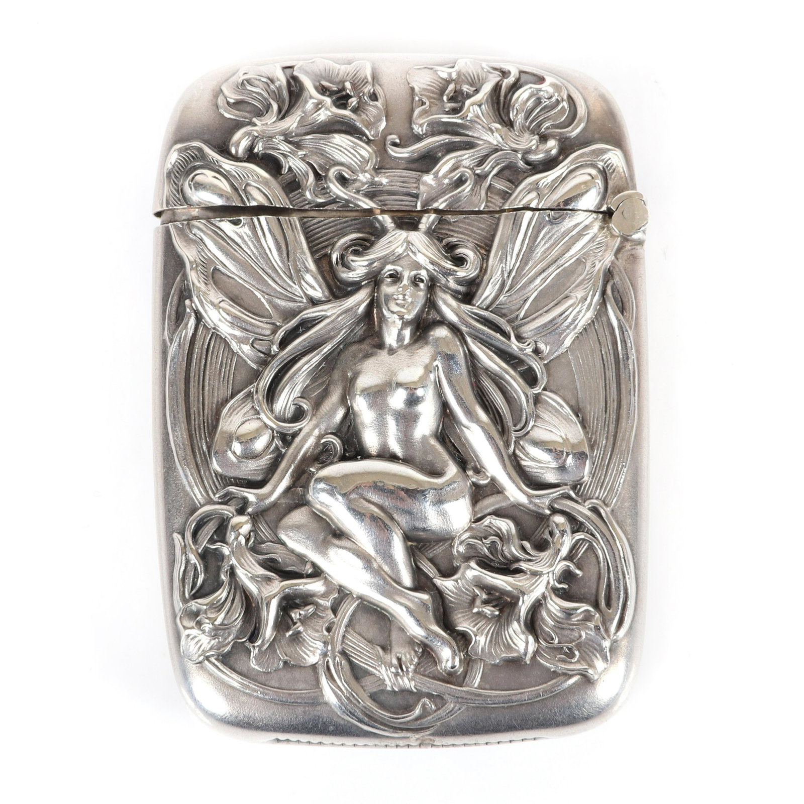 William B. Kerr Art Nouveau Nude fairy sprite sterling: William B. Kerr Art Nouveau Nude fairy sprite sterling silver scenic relief vesta case / match safe. Stamped with hallmark, Sterling, 1197. Period monogram verso. High quality, rare. 2 1/4"H x 1 3/4"W