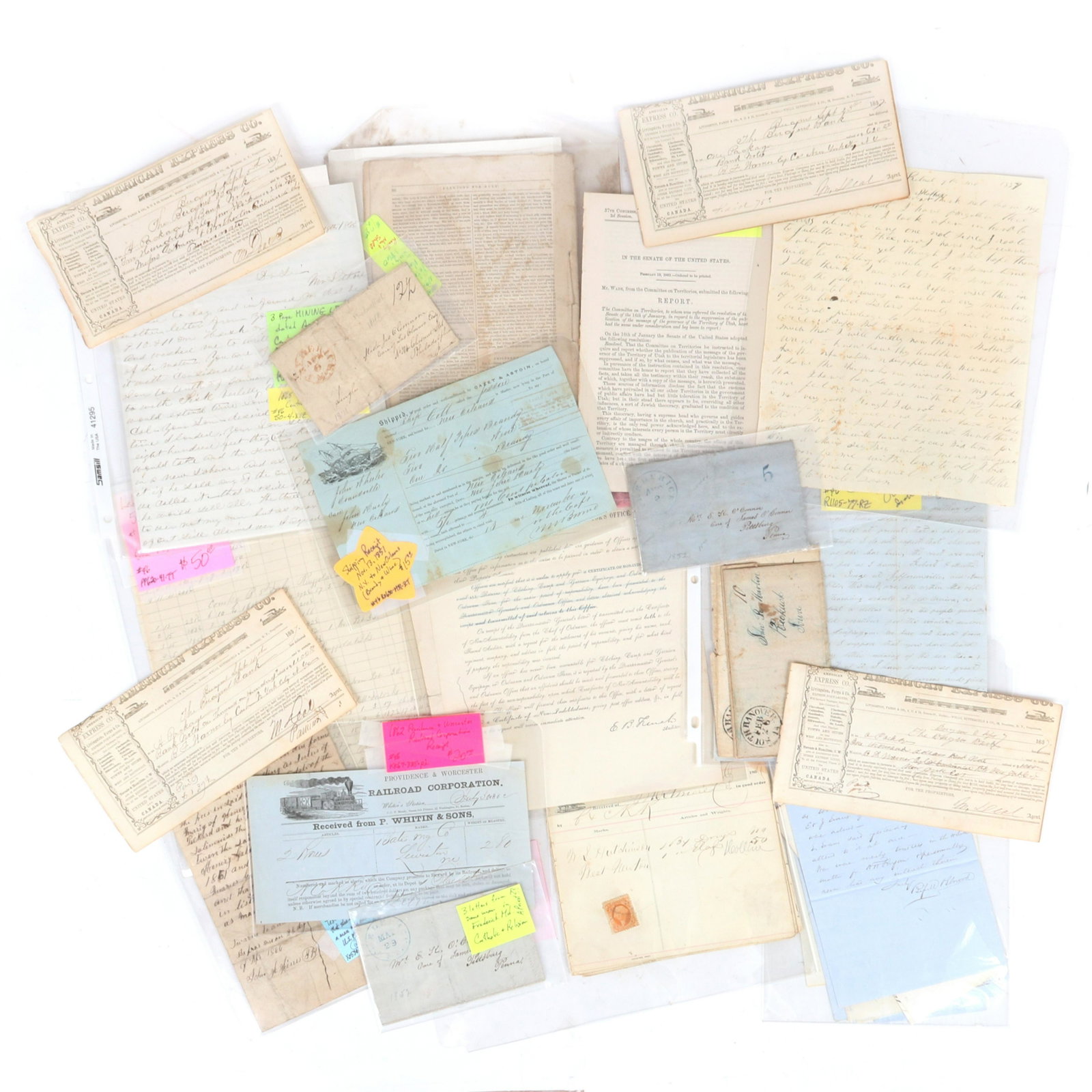 Large group of Pre- and Civil War era letters &: Large group of Pre- and Civil War era letters & documents: 1855 Ledger pages 5th U. S. Infantry & Ringold Barracks, eight 1857 American Express bank note receipts, Also includes two Civil War document