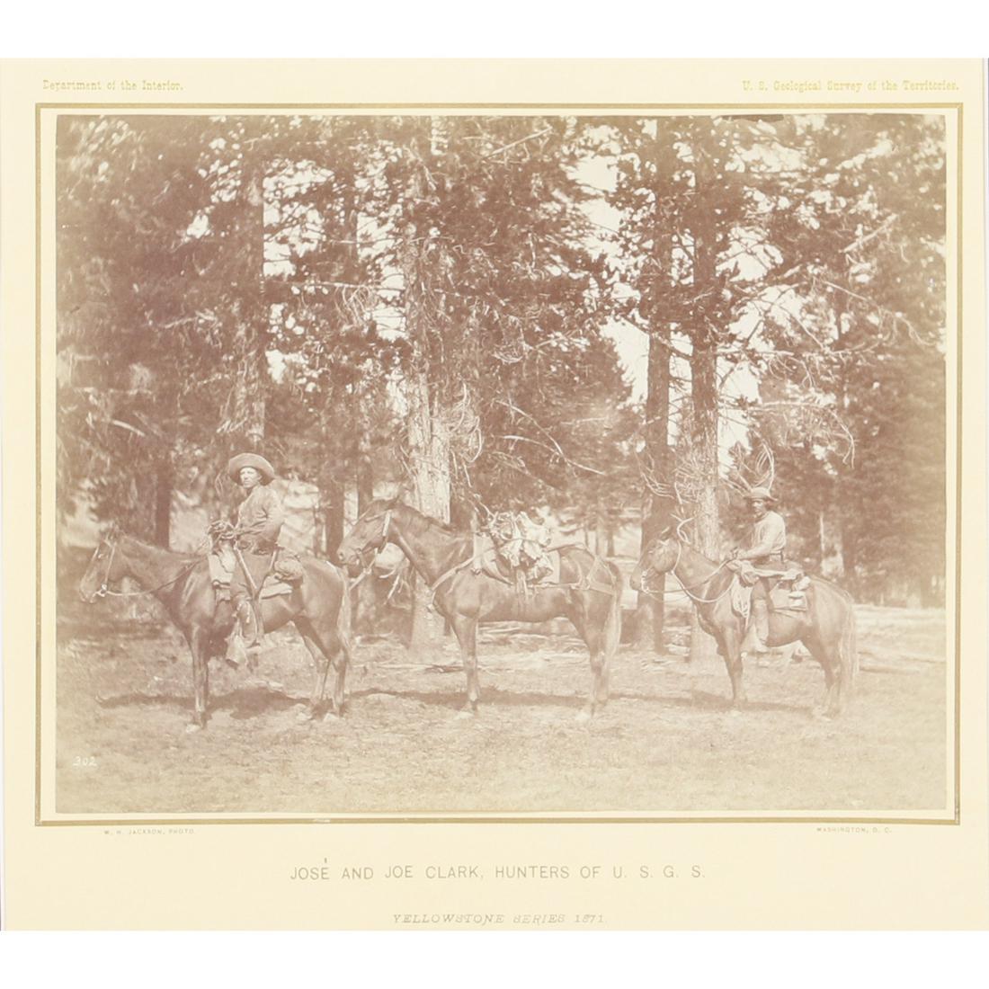 William Henry Jackson original framed albumen: William Henry Jackson original framed albumen photograph Yellowstone Series, 1871, Hayden Survey, "Jose and Joe Clark, Hunters of U.S.G.S , Dept. of Interior, U. S. Geological Survey of the Territorie