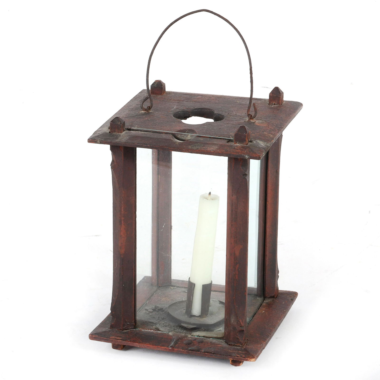Antique early American wooden candle lantern with glass (1 of 3)