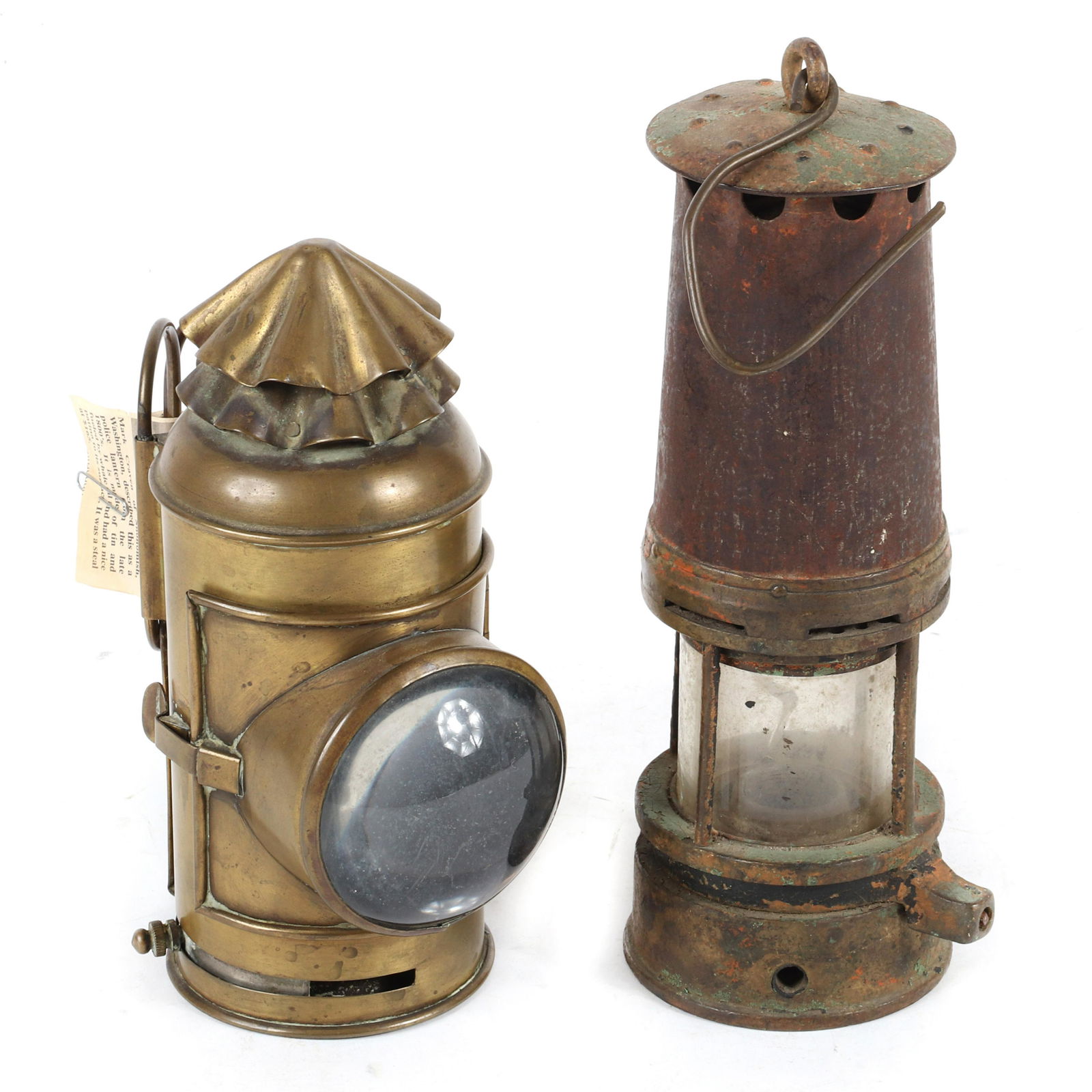 Two antique 19th Century whale oil lanterns, Dietz?: Two antique 19th Century whale oil lanterns, Dietz? bullseye police lamp, and hanging mixed metal brass lamp. Hanging piece has cracked glass.