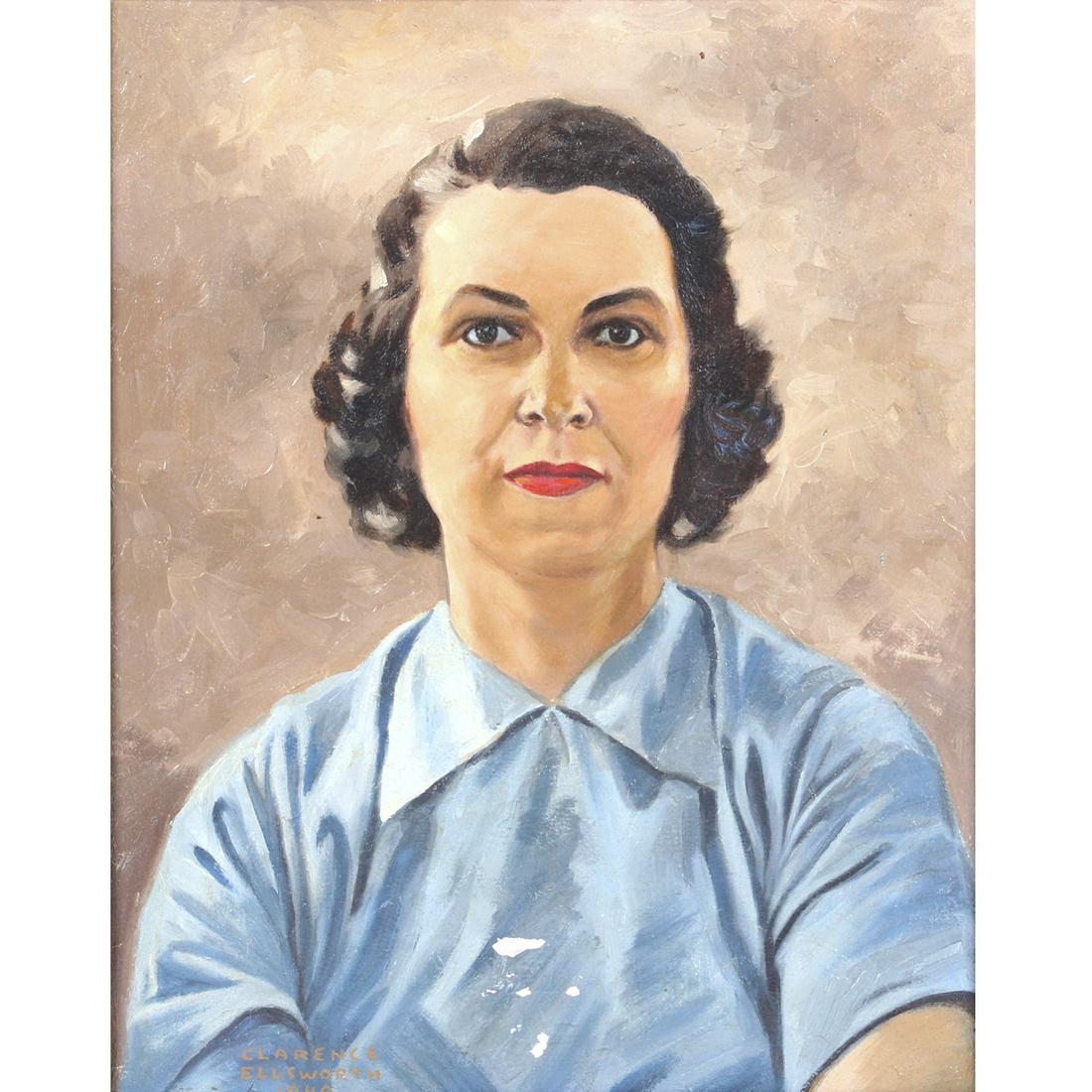 Clarence Ellsworth, American 1885-1961, portrait of a: Clarence Ellsworth American 1885-1961 portrait of a woman, 1949 oil on canvas Signed and dated lower left. Loss visible lower center. From Archives of AskArt: Born in Holdredge, NE on Sept. 23, 1885. 