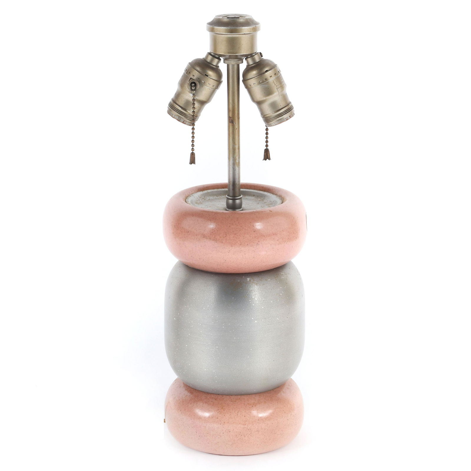 Russel Wright 3 tier lamp, spun aluminum and speckled: Russel Wright 3 tier lamp, spun aluminum and speckled glazed ceramic. 17"H (including fixture)