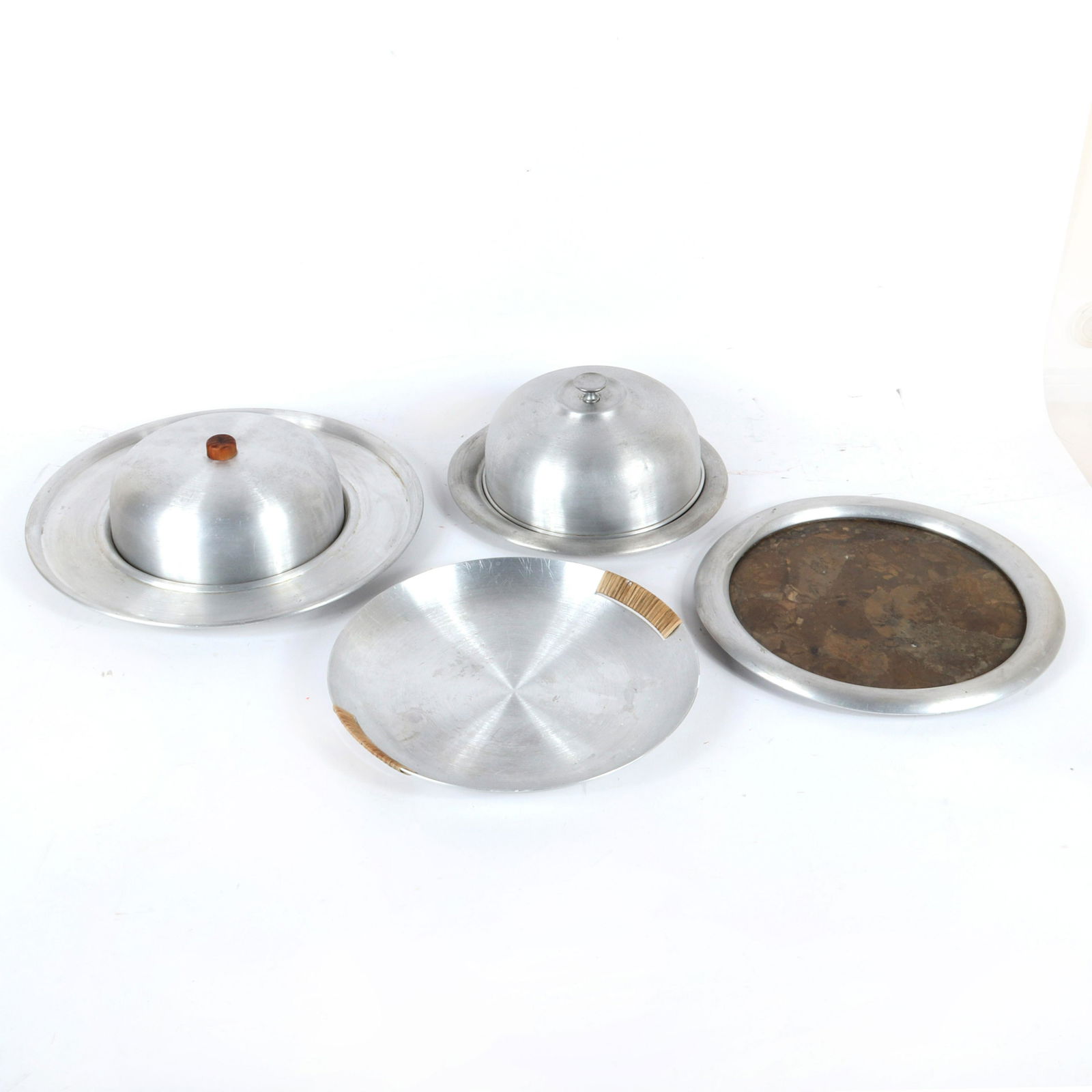 Russel Wright spun aluminum 4pc group: tray with Raffia (1 of 5)