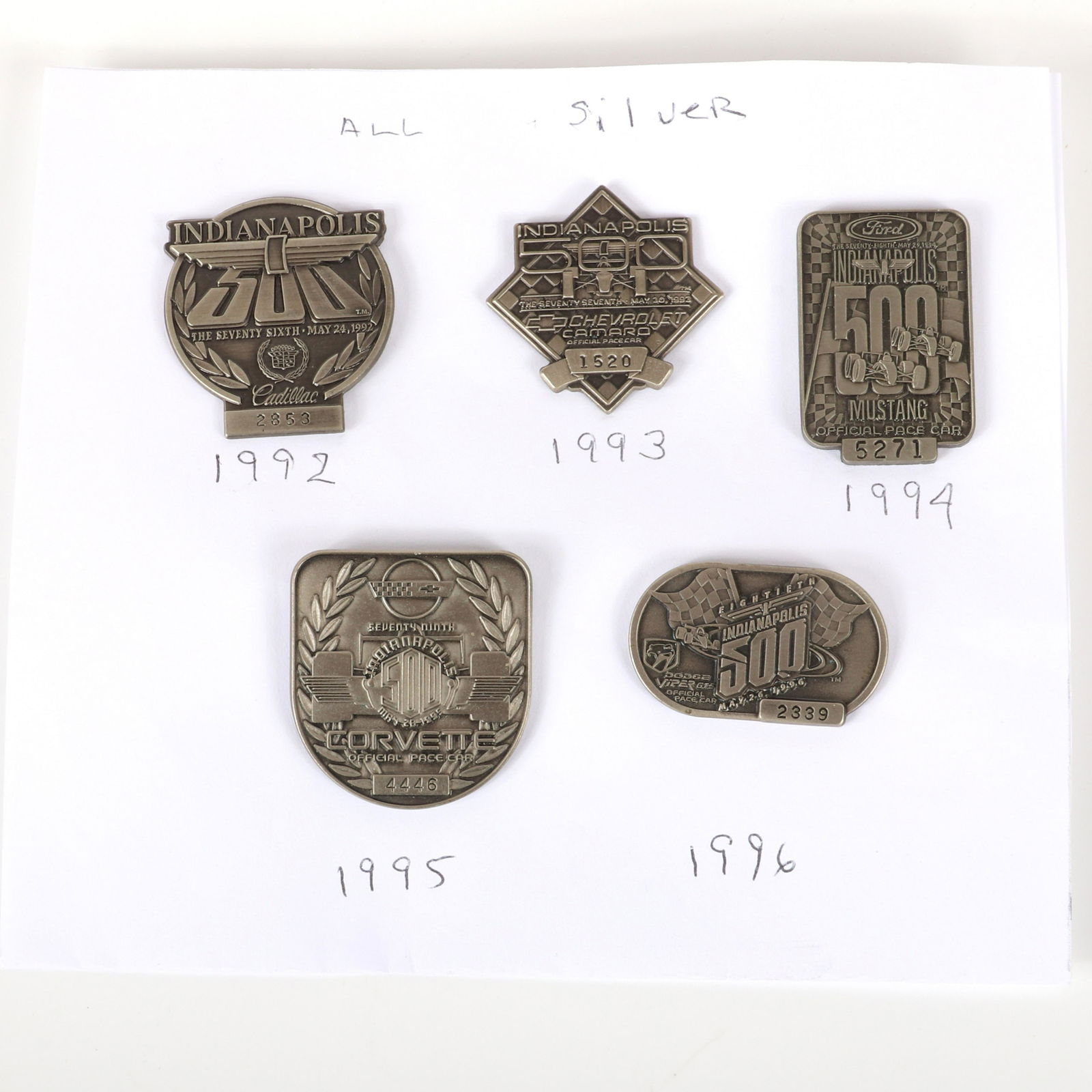Lot of 5 Indy 500 Silver Pit Badges 1992-1996 (1 of 1)