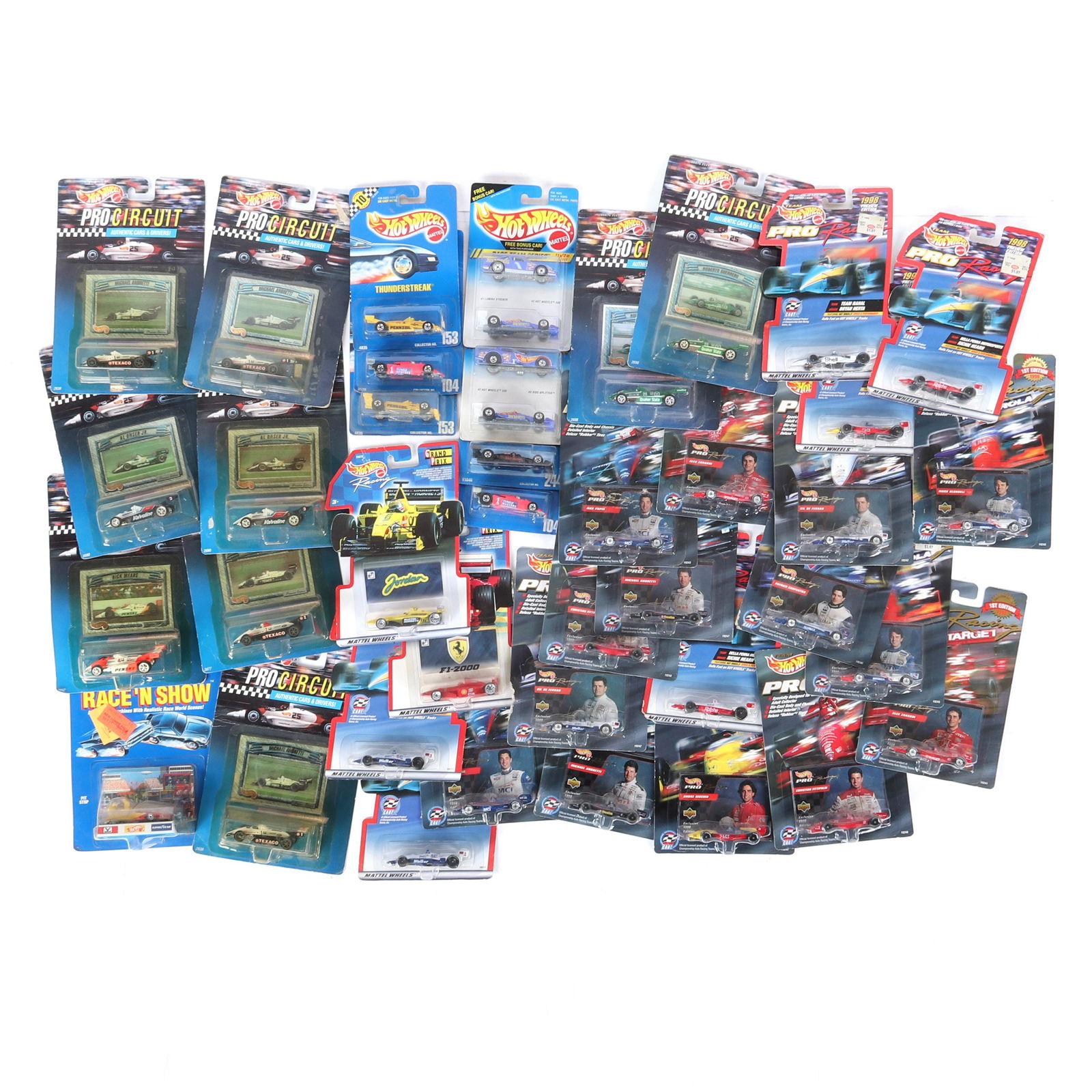 Lot of 41 Hot Wheels 1:64 Scale Race Cars: Lot of 41 Hot Wheels 1:64 Scale Race Cars Lot of 41 Hot Wheels 1:64 Scale Race Cars in packages. The lot includes the following: 1998 Preview Edition Andre Ribeiro, 1998 1st edition Andre Ribeiro, 2-1