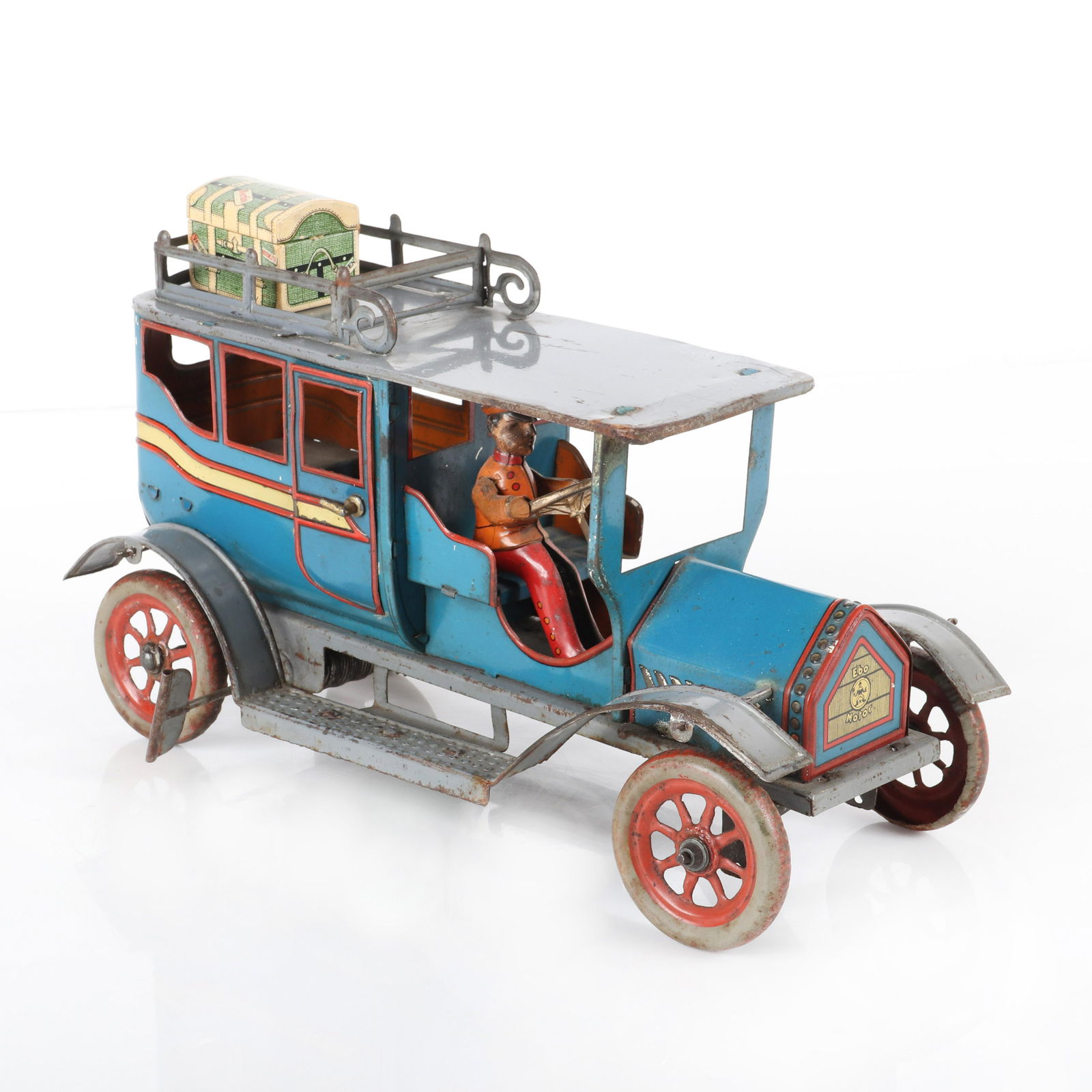 Hans Eberl "EBO Motor" tin litho windup clockwork toy: Hans Eberl "EBO Motor" tin litho windup clockwork toy LARGE Limousine, Made in Germany ca.1910. Bottom hinge on door is unattached but not noticeable when door is latched.Trunk is of litho covered car