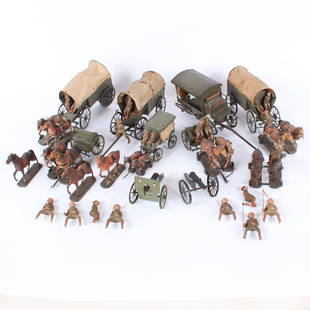 Large 1920's Made in Germany Lineol/Elastolin Military: Large 1920's Made in Germany Lineol/Elastolin Military Play Set Large 1920's Made in Germany Military WWI Play Set. The set was made by O&M Hausser, the horses and figures are early composition materi