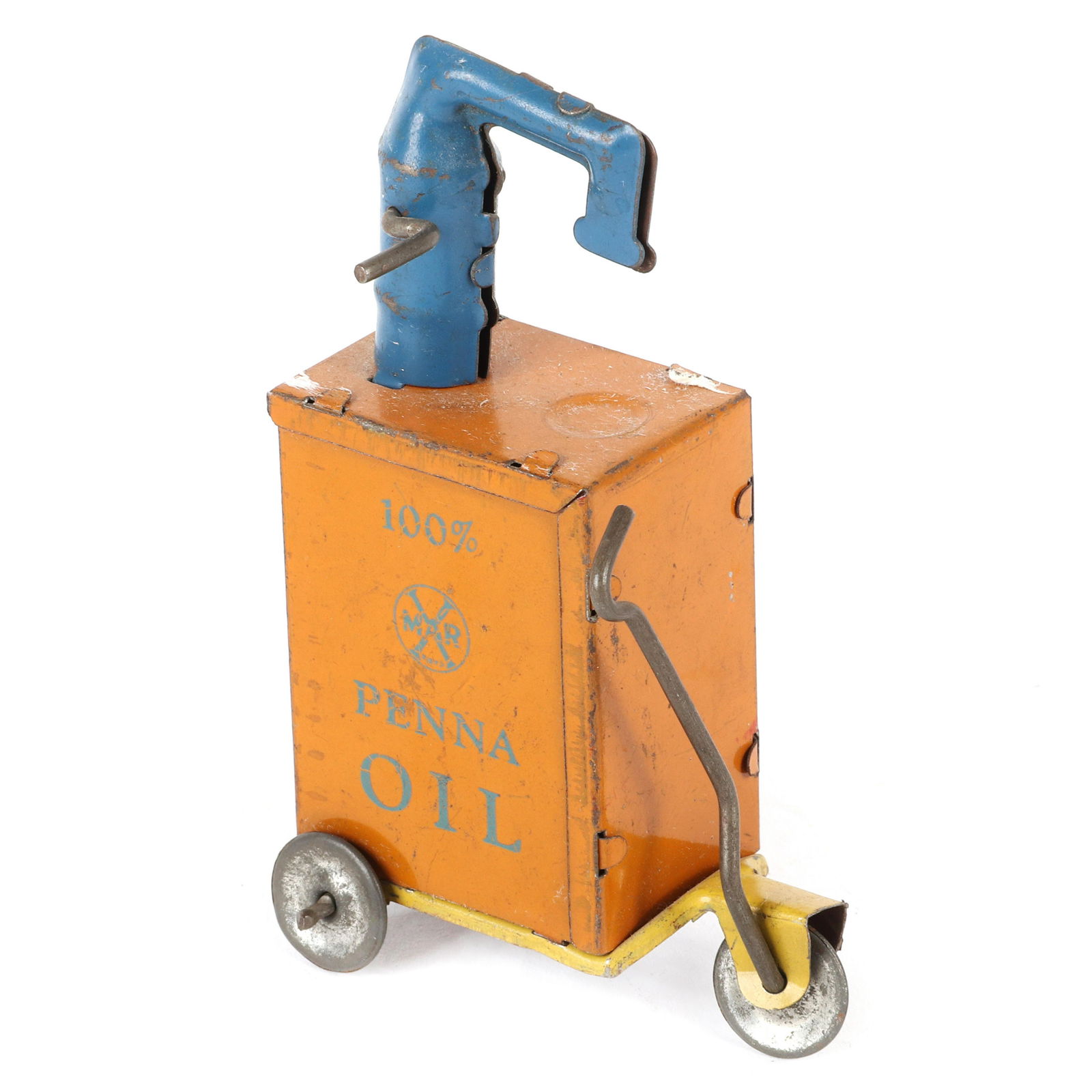 Vintage Marx 100% Penna Oil Portable Cart Tin Toy: Vintage Marx 100% Penna Oil Portable Cart Tin Toy Vintage Marx 100% Penna Oil Portable Cart Tin Toy, measures 3 inches in length by 4 inches tall.