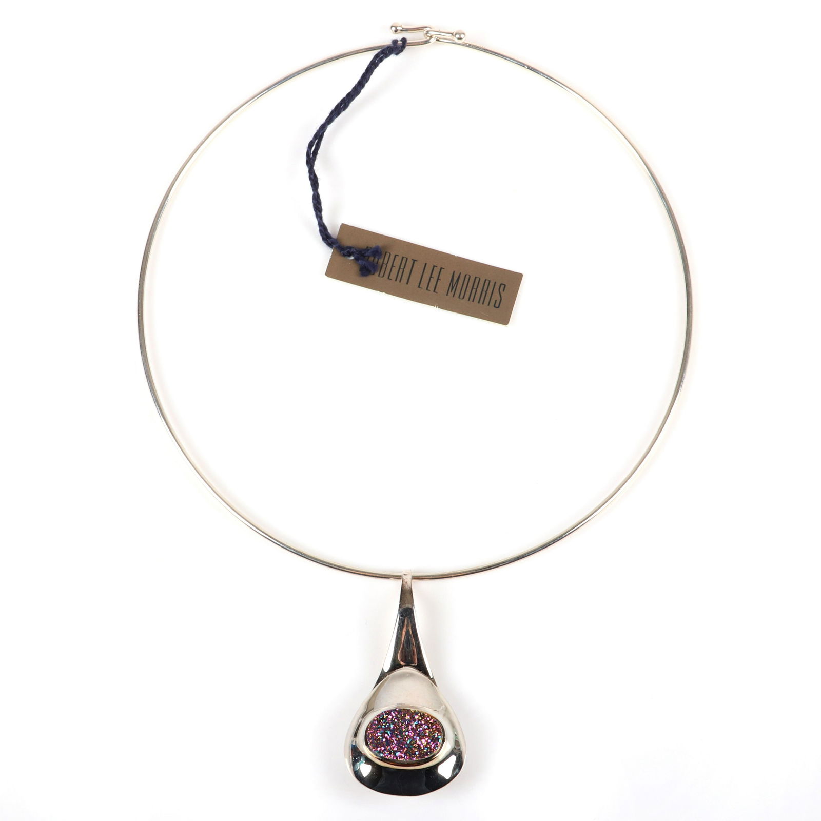Robert Lee Morris RLM designer sterling silver and pink: Robert Lee Morris RLM designer sterling silver and pink druzy pendant on wire choker necklace, marked 925 ROBERT LEE MORRIS, new old stock with original tags.. Robert Lee Morris (born 1947)is an Ameri