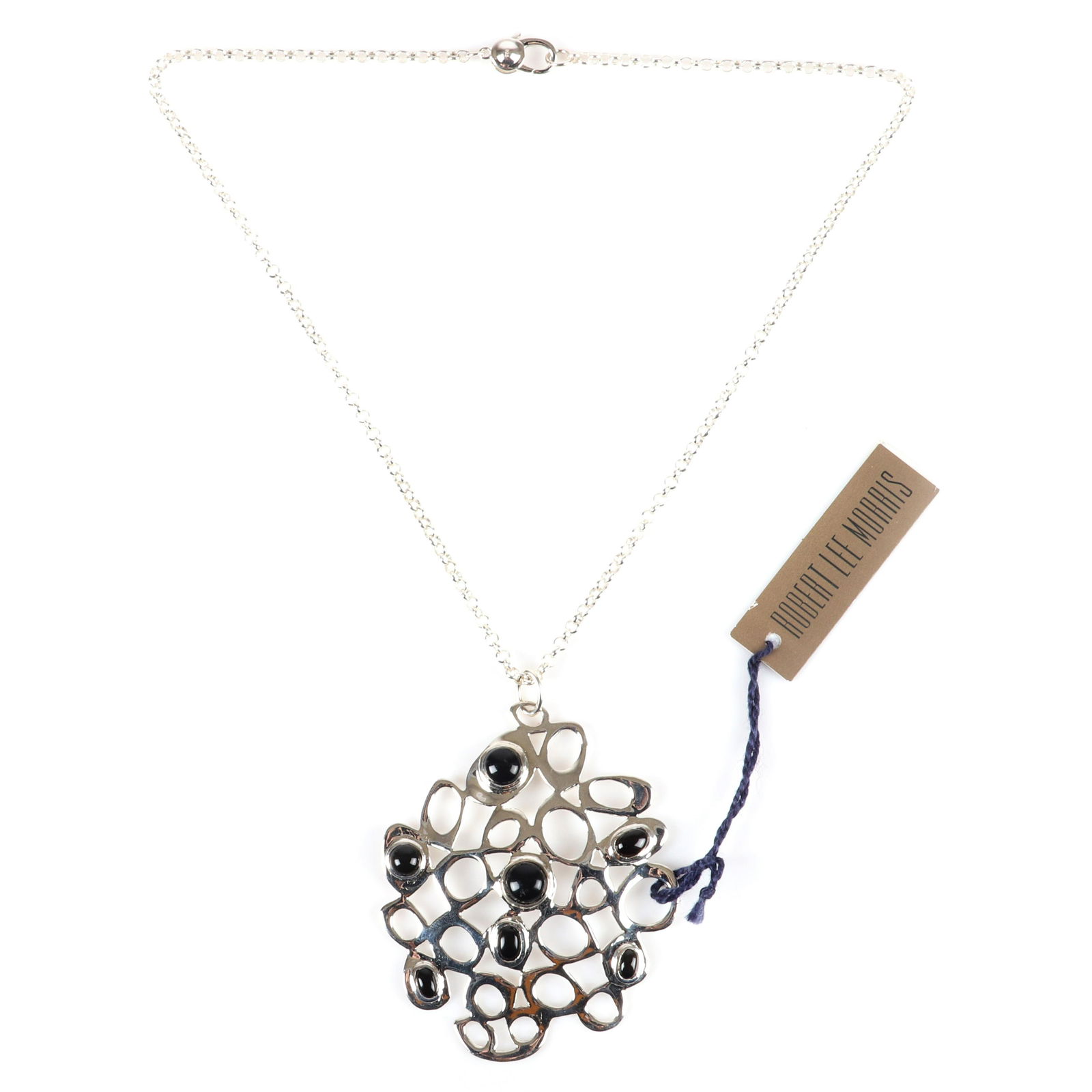 Robert Lee Morris RLM designer sterling silver cable: Robert Lee Morris RLM designer sterling silver cable chain necklace and 2 1/2"H open work web pendant with onyx cabochons, marked Robert Lee Morris 925, new old stock with original tags. Robert Lee Mo