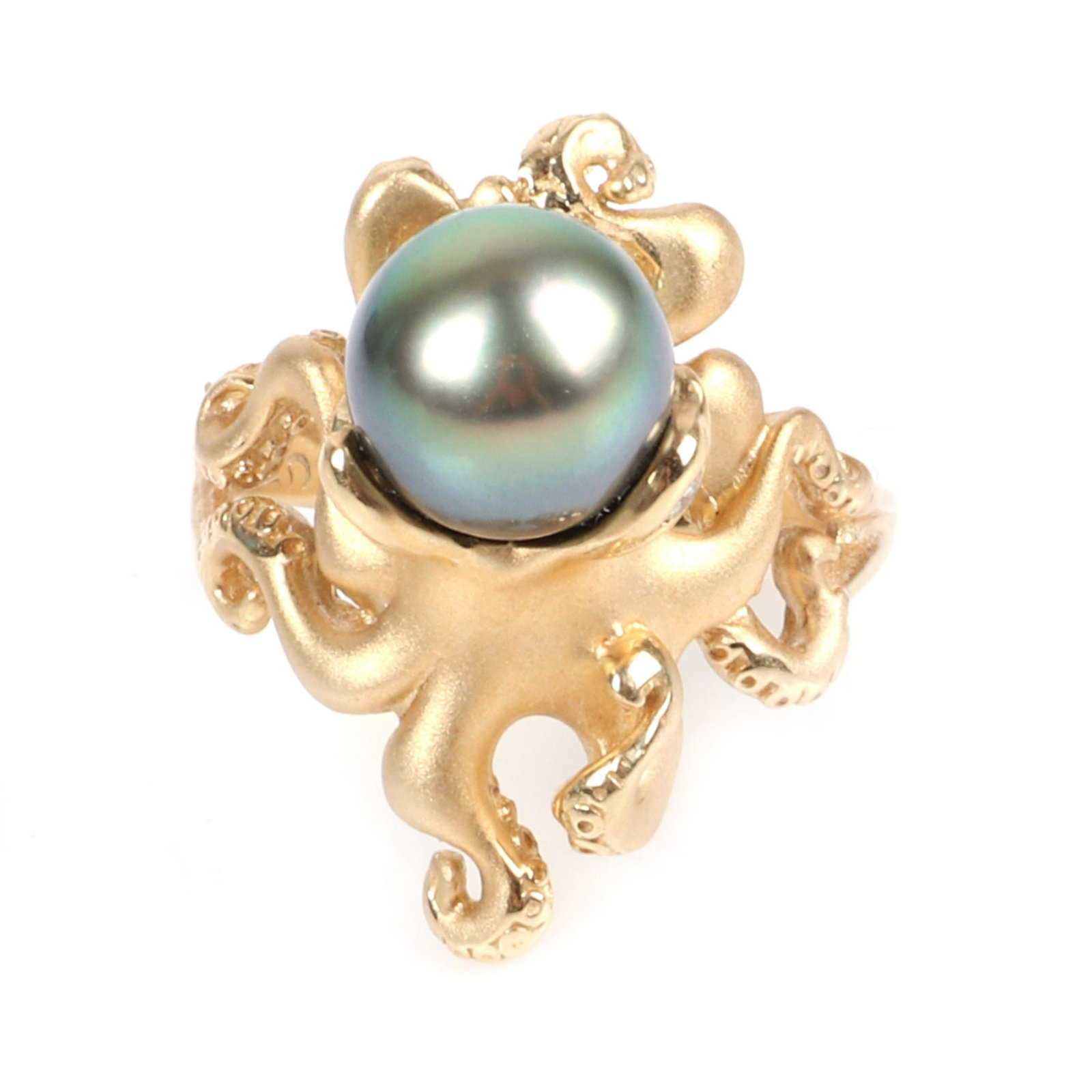 Steven Douglas 14K yellow gold designer octopus figural: Steven Douglas 14K yellow gold designer octopus figural ring with Tahitian pearl and diamond accents, ocean resort theme, matte finish, 5.05dwt. Size 6 1/2, 2"W