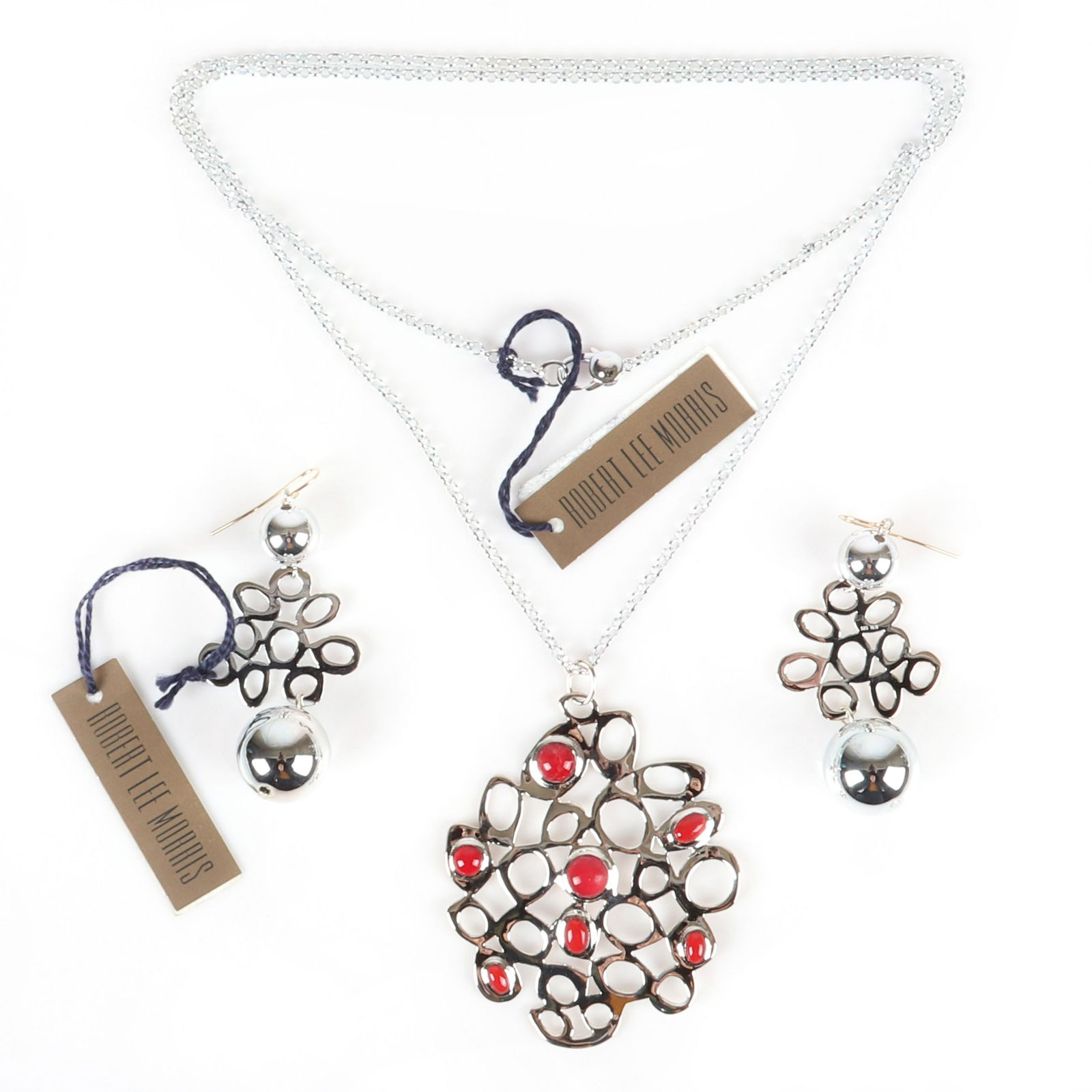 Robert Lee Morris RLM 2pc designer group: cable chain: Robert Lee Morris RLM 2pc designer group: cable chain necklace with 2"H web pendant with coral cabochons and web and ball drop earrings with 14K gold hooks, marked Robert Lee Morris 925, new old stock