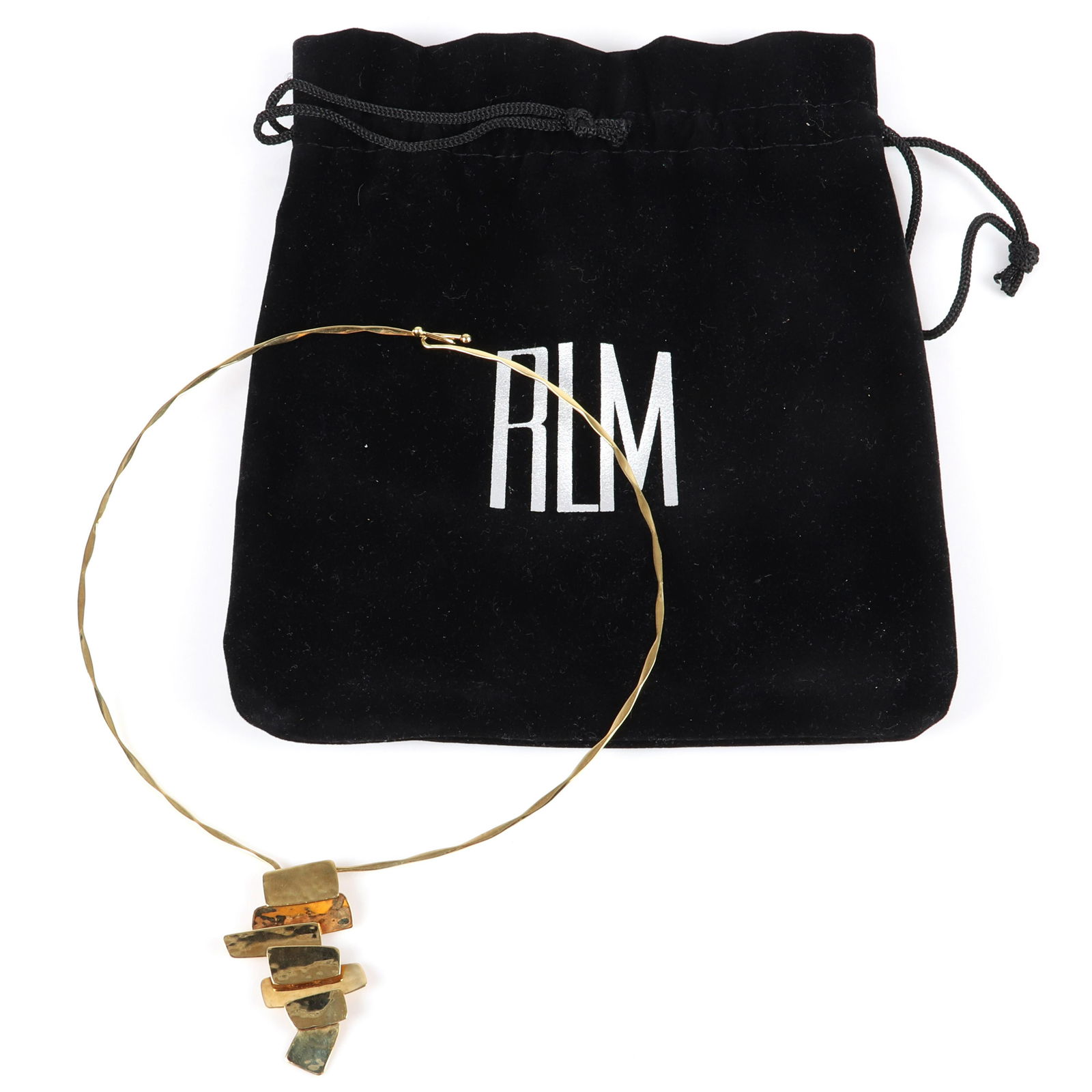 Robert Lee Morris RLM designer 18K yellow gold: Robert Lee Morris RLM designer 18K yellow gold articulated pendant on scalloped wire choker necklace, marked RLM 18K, with monogrammed black velvet bag, new old stock. Robert Lee Morris (born 1947)is