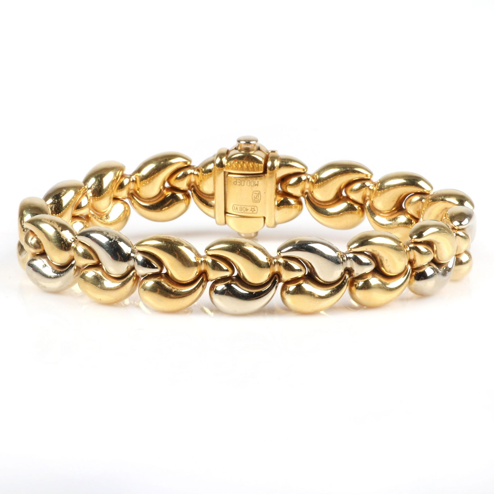 Chimento 750 18K two tone gold designer bracelet with: Chimento 750 18K two tone gold designer bracelet with chunky hollow puffy links, 17.10dwt. 7 1/2"L, 1/2"W