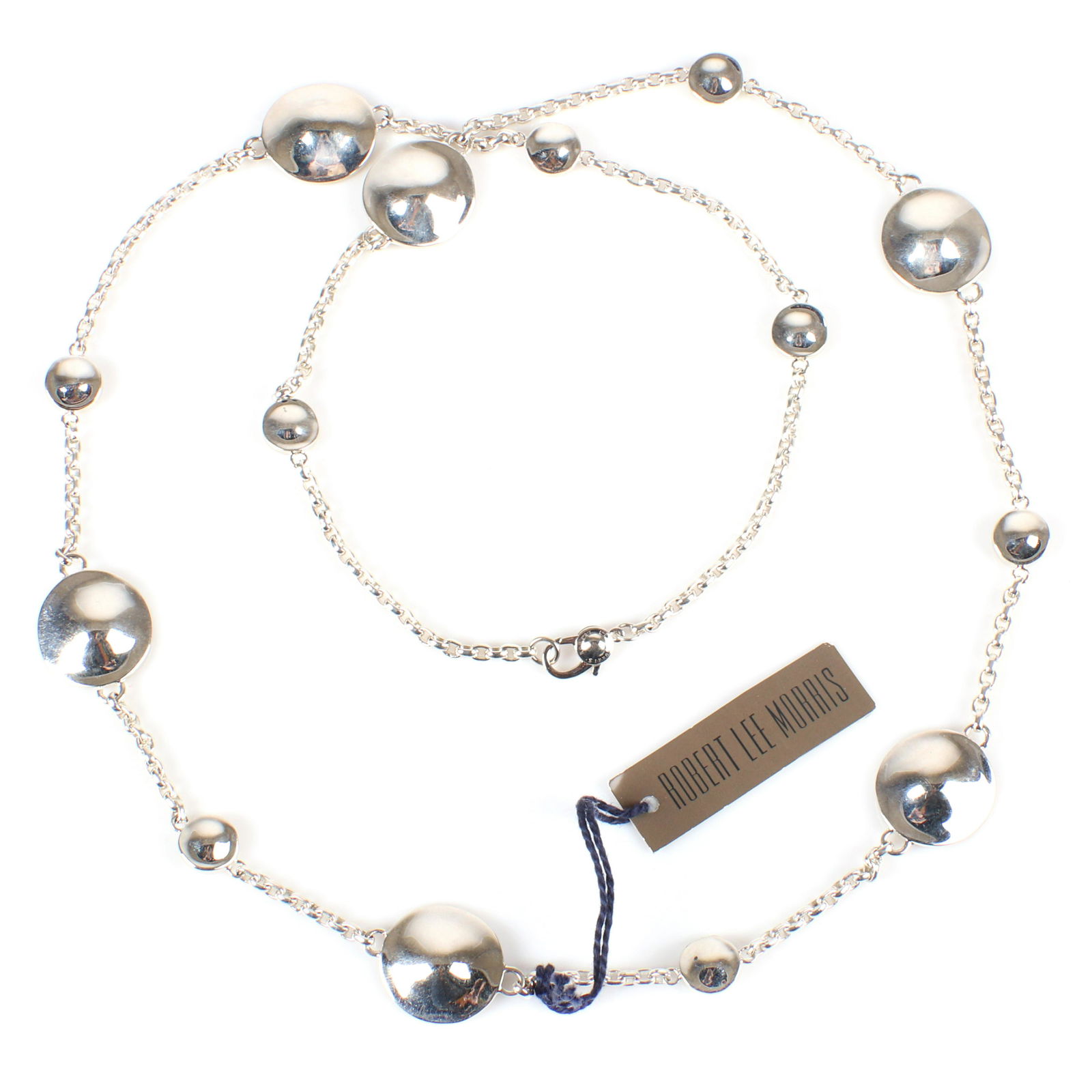 Robert Lee Morris RLM designer sterling silver disk and: Robert Lee Morris RLM designer sterling silver disk and chain necklace, disks marked 925 RLM, clasp marked Robert Lee Morris 925, new old stock with original tags. Robert Lee Morris (born 1947) is an