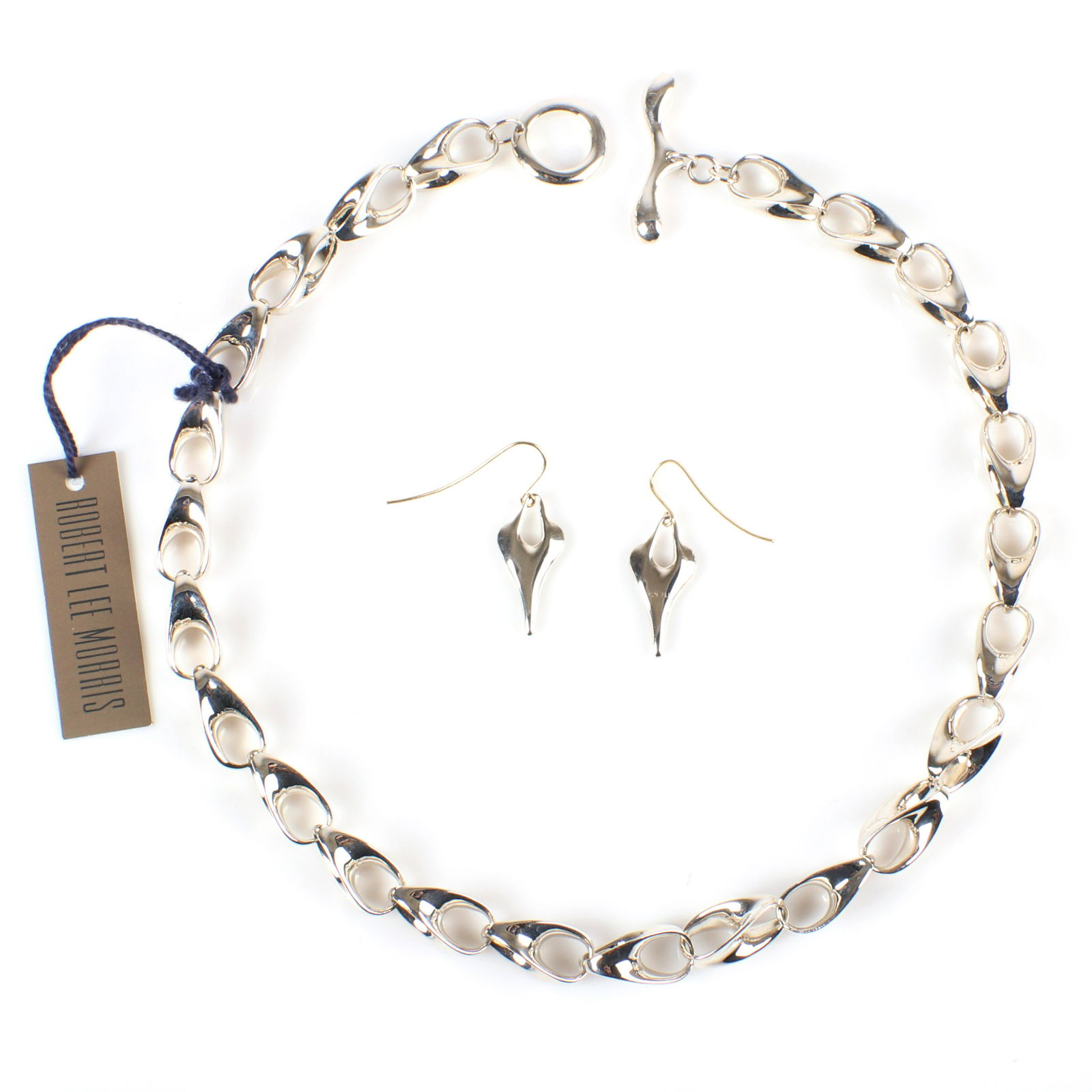 Robert Lee Morris RLM designer sterling silver: Robert Lee Morris RLM designer sterling silver interlocking chain choker necklace with large toggle clasp and open heart earrings with 14K gold hooks, marked Robert Lee Morris 925, new old stock with
