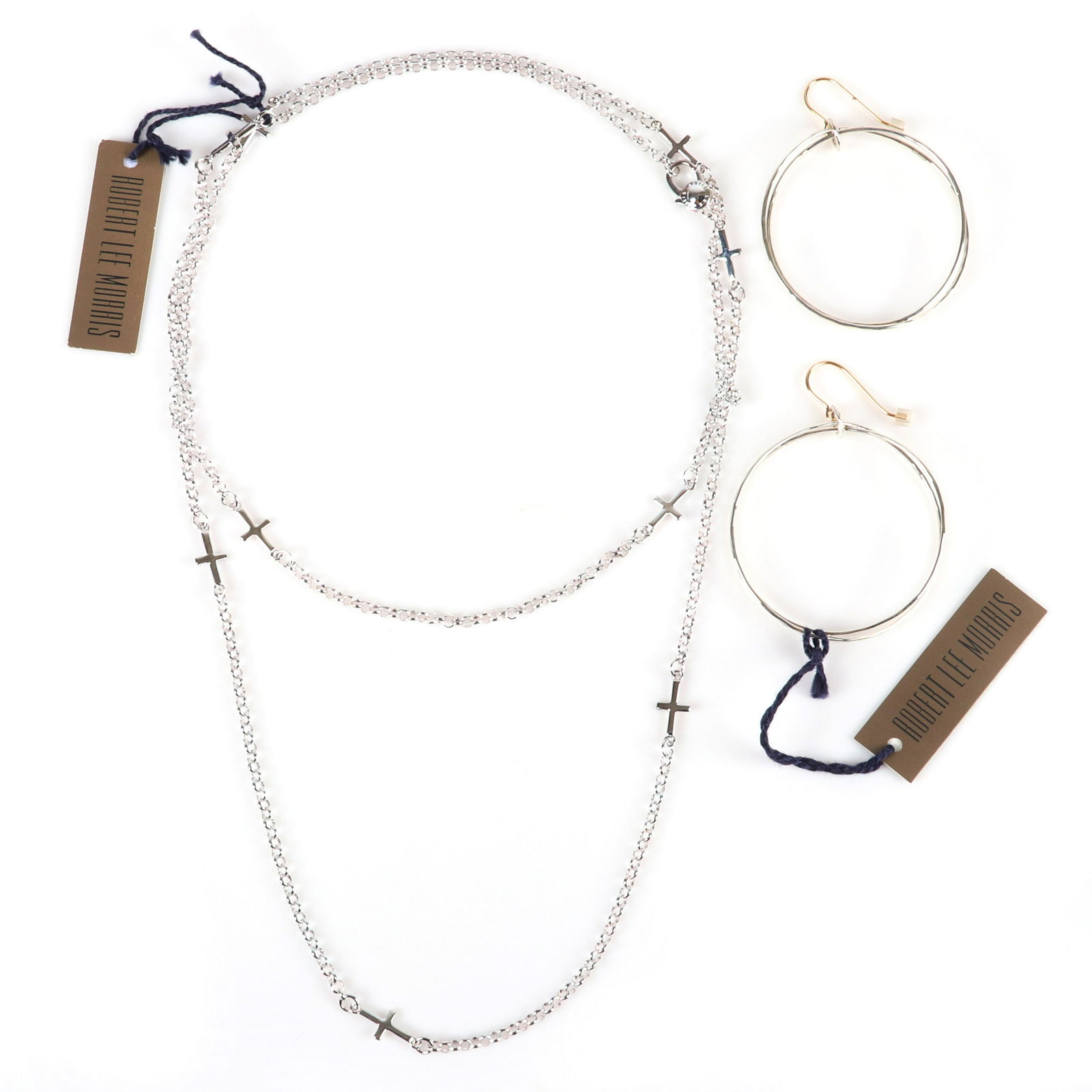 Robert Lee Morris RLM 2pc designer group: cable chain: Robert Lee Morris RLM 2pc designer group: cable chain linked cross necklace and crossover double hoop earrings with 14K gold hooks, necklace marked Robert Lee Morris 925, new old stock with original t