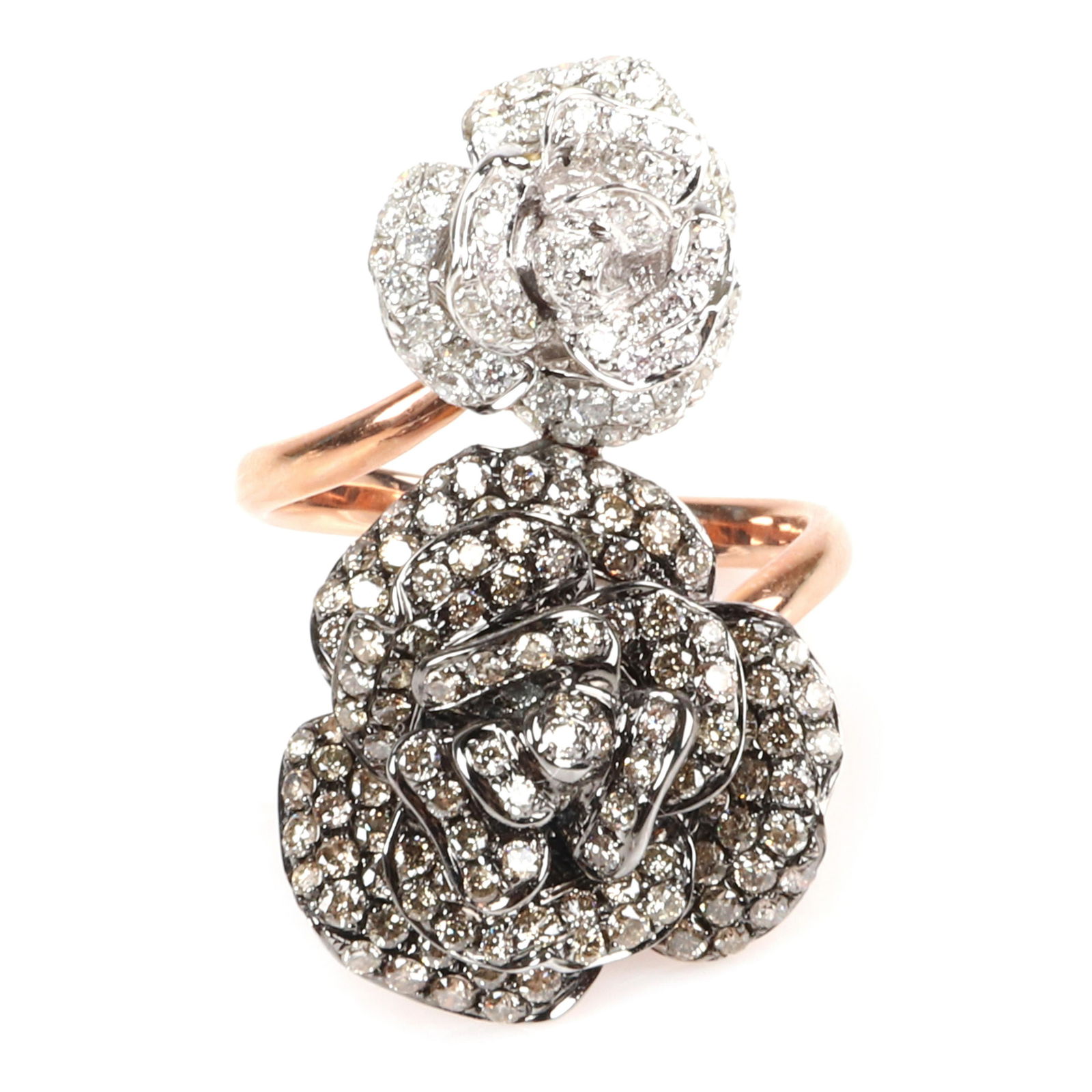 LeVian 14K 585 Rose Gold Designer bypass pave roses: LeVian 14K 585 Rose Gold Designer bypass pave roses ring with chocolate and white diamonds on layered flowers, 5.45dwt. Size 7, adj., 1 1/4"H