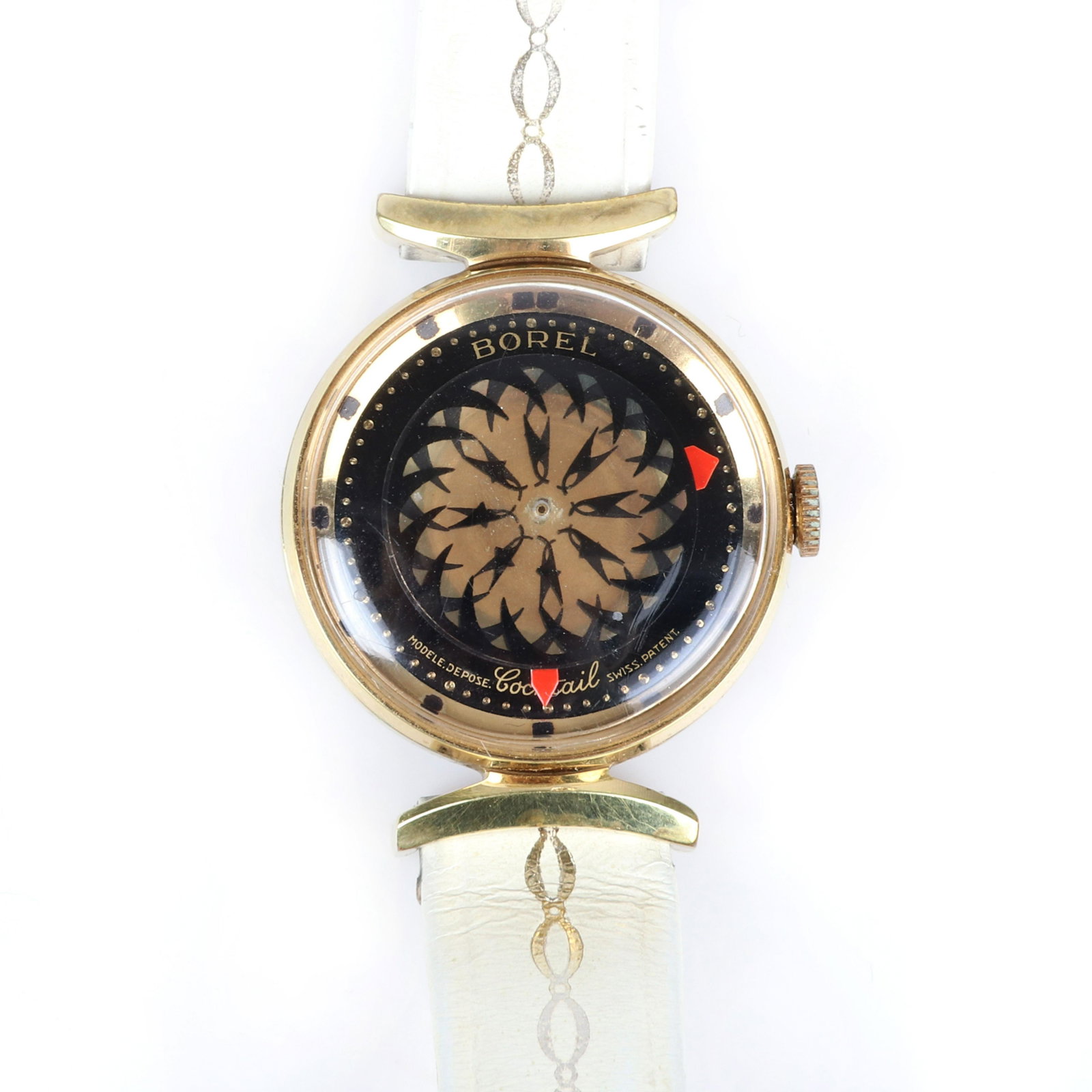Ernest Borel vintage designer Cocktail watch, 17: Ernest Borel vintage designer Cocktail watch, 17 jewels, observation back. Gold plated case, leather band with wear, strap adjustable to 7 1/2"L, 1"diam (case).