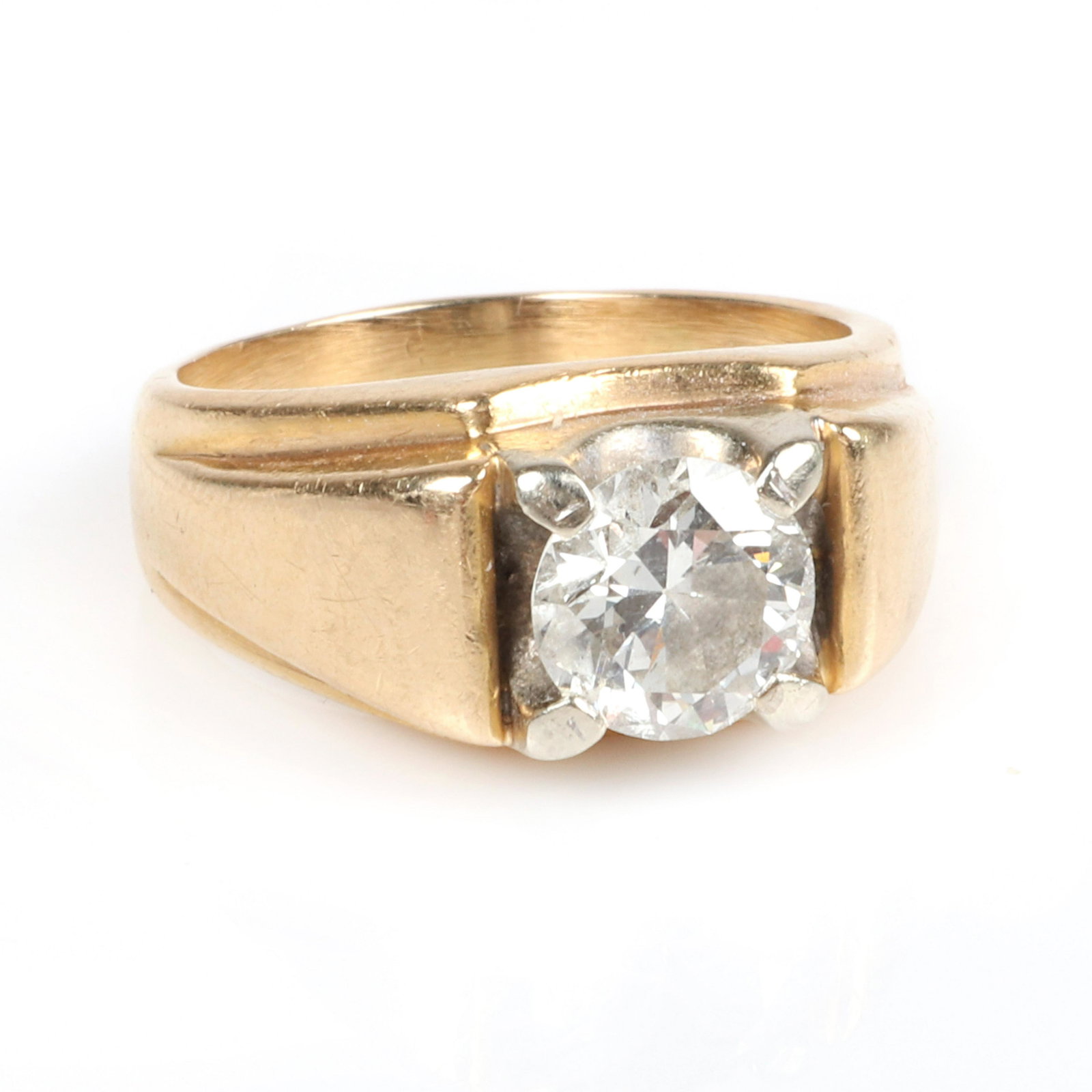Men's 14K yellow gold 2.05ct. diamond solitaire ring /: Men's 14K yellow gold 2.05ct. diamond solitaire ring / wedding band. Round brilliant cut diamond weighs approx. 2.05 ct. with K color, and SI1 clarity. 7.16 dwt. Size 9 1/2, 12"W