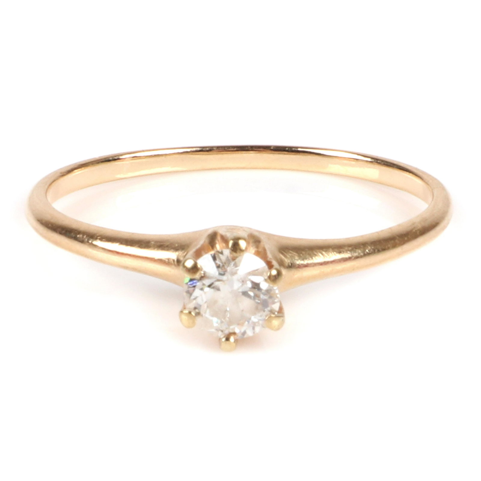 Old European cut Diamond solitaire 14K yellow gold: Old European cut Diamond solitaire 14K yellow gold engagement ring. Old European cut diamond solitaire ring in stamped 14K yellow gold. Diamond measures 4.26 x 2.56mm and weighs .27 ct. (est.), F colo