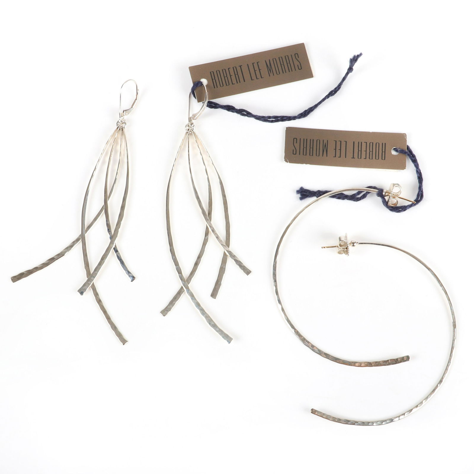 Robert Lee Morris RLM 2pr sterling silver designer: Robert Lee Morris RLM 2pr sterling silver designer earrings: 3"H "Long Sweeping Hammered" feather drops and "Hammered Half Hoop" with 14K gold posts, marked Robert Lee Morris 925, new old stock with o