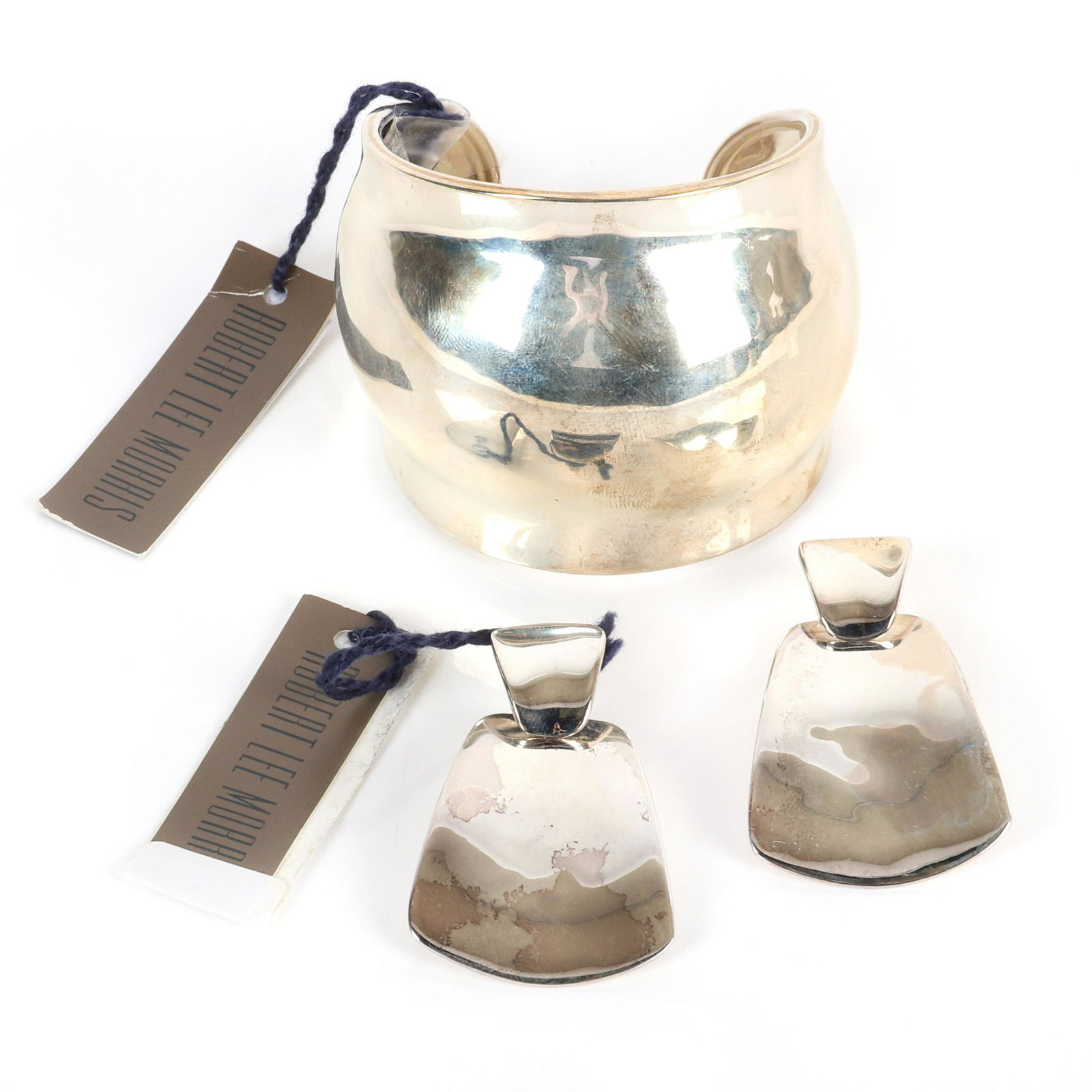 Robert Lee Morris RLM designer 2 1/8"W sterling silver: Robert Lee Morris RLM designer 2 1/8"W sterling silver "Wave Silver Cuff" bracelet and "Large Door Knocker" drop earrings, new old stock with original tags, marked RLM and Robert Lee Morris 925. Rober