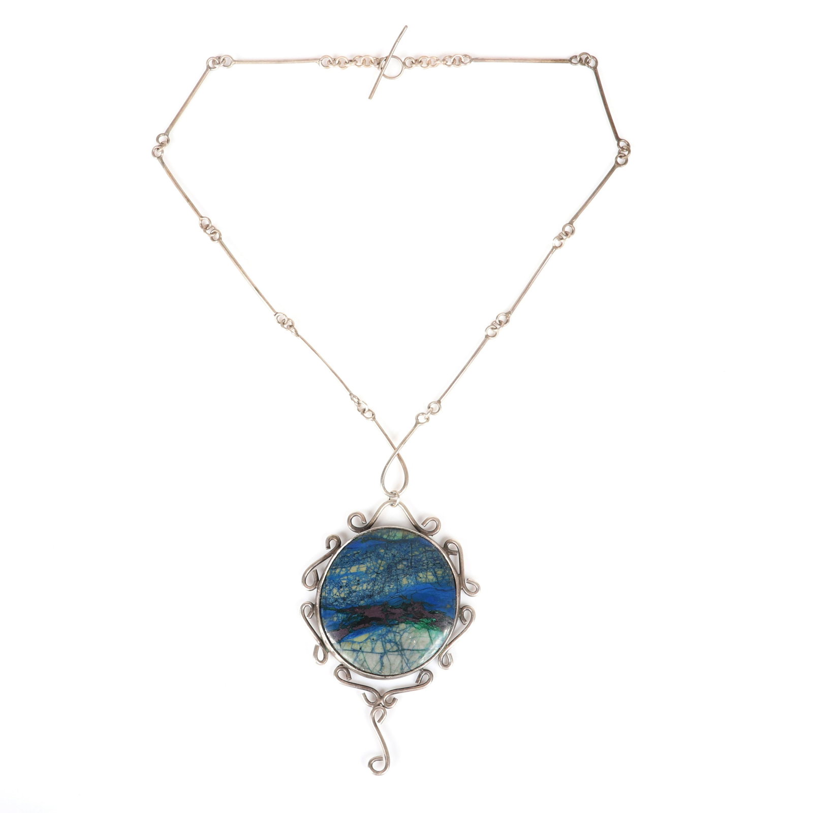 Mildred Ball American Modernist sterling silver: Mildred Ball American Modernist sterling silver necklace with round blue and green pendant and handmade bar and link chain and toggle clasp. Ball was a Mid-Century jeweler, enamelist and an exhibitor 