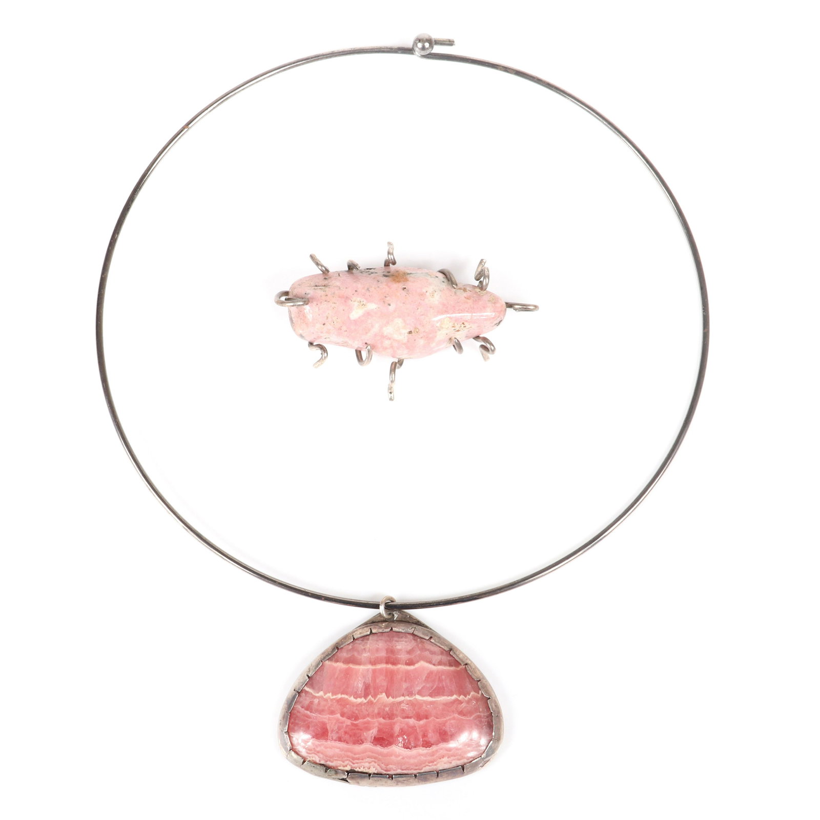 Mildred Ball American Modernist group: wire choker with: Mildred Ball American Modernist group: wire choker with pink shell shaped rhodochrosite stone and abstract insect figural insect brooch with pink stone and wire details. Ball was a Mid-Century jeweler