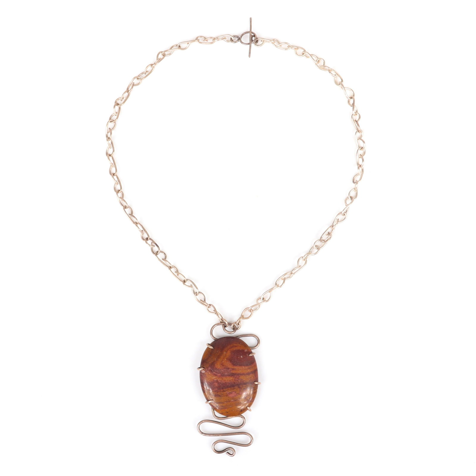 Mildred Ball American Modernist sterling silver: Mildred Ball American Modernist sterling silver necklace with oval petrified wood and twisted wire pendant and handmade chain and toggle clasp. Ball was a Mid-Century jeweler, enamelist and an exhibit
