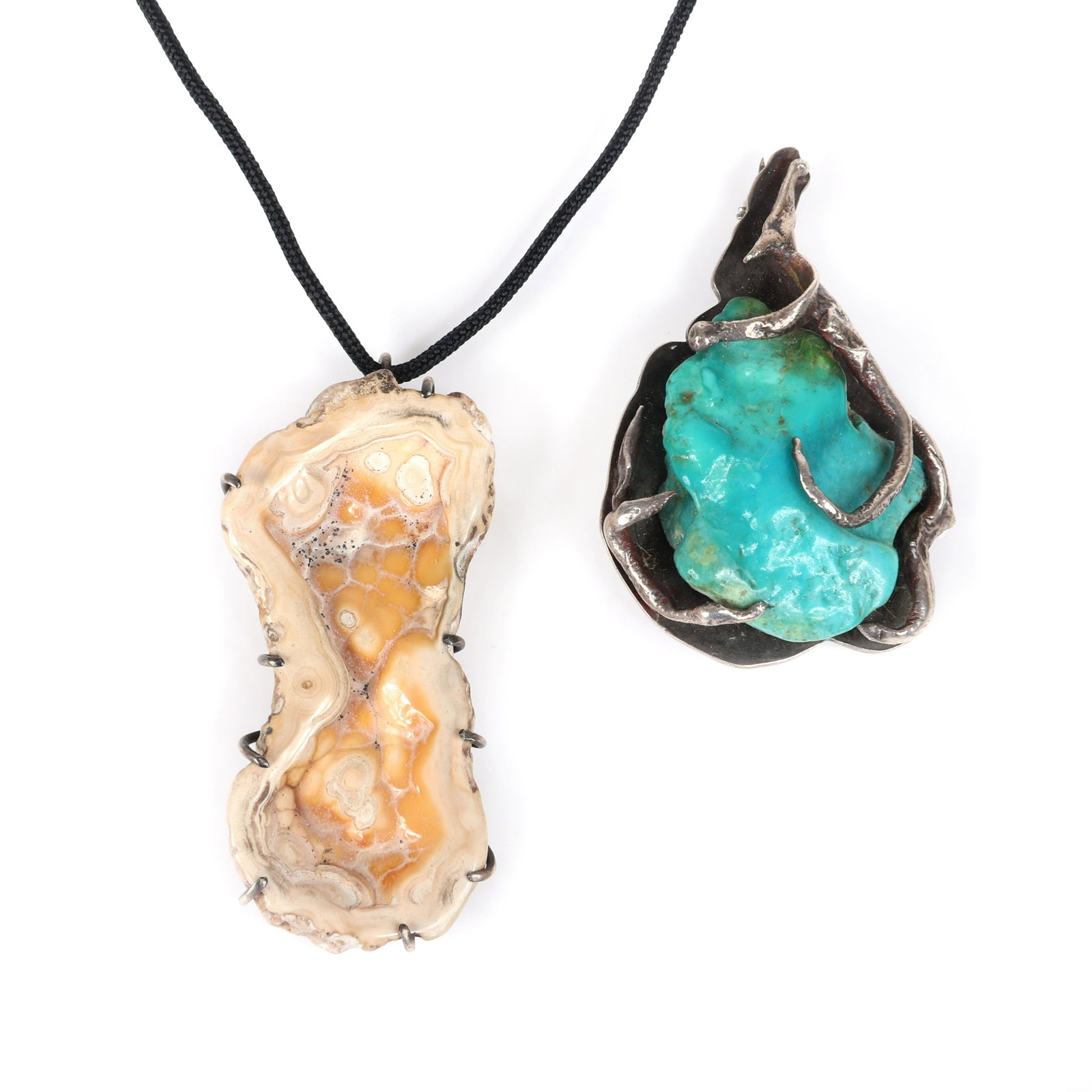 Mildred Ball American Modernist pendant necklaces with: Mildred Ball American Modernist pendant necklaces with raw geaode stone encased in sterling on black cord and organic form sterling silver pin encasing a large raw turquoise nugget. Ball was a Mid-Cen