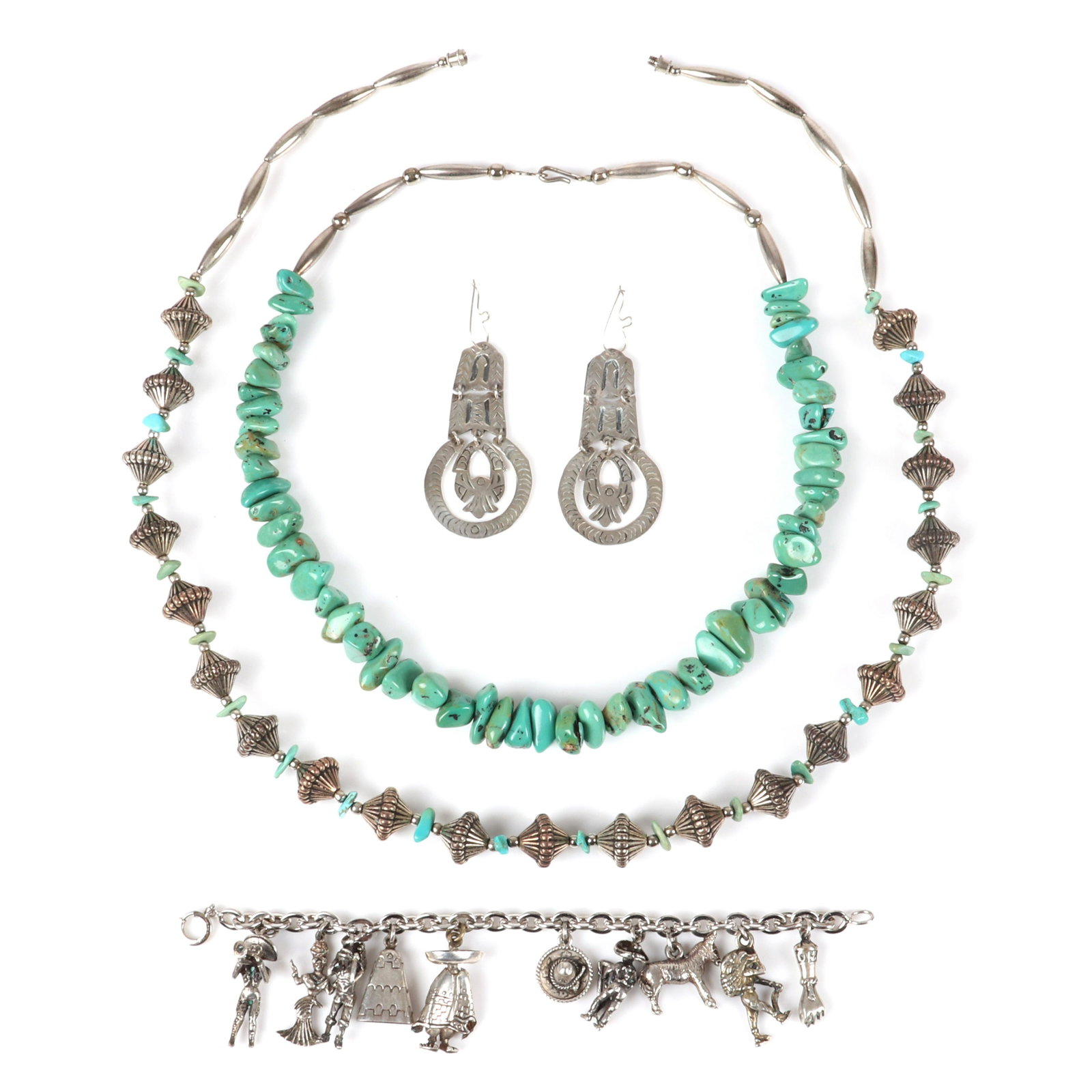 Native American Indian 4pc group: natural turquoise: Native American Indian 4pc group: natural turquoise nugget necklace, Mexican sterling silver figural charm bracelet, necklace with silver cone beads, and sterling drop earrings. 26"L (longest necklace