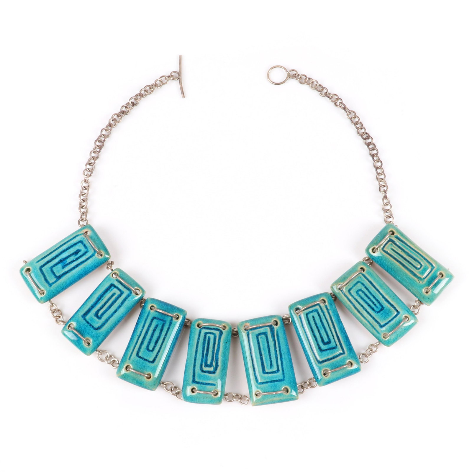 Mildred Ball American Modernist chain choker necklace: Mildred Ball American Modernist chain choker necklace with eight turquoise rectangular panels. Ball was a Mid-Century jeweler, enamelist and an exhibitor at the Walker Art Center in New York City. Her