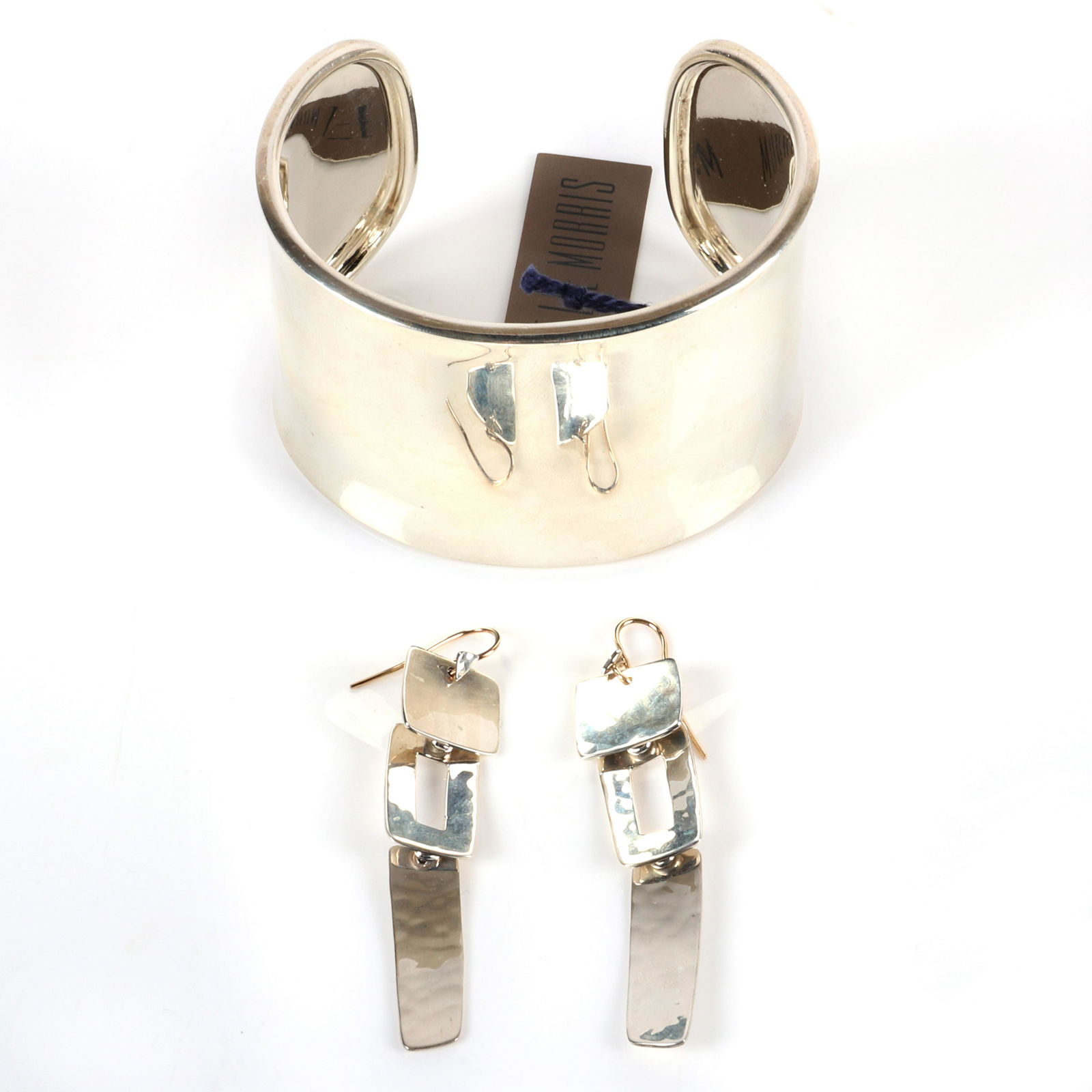 Robert Lee Morris RLM designer "Classic Collection" 2"W: Robert Lee Morris RLM designer "Classic Collection" 2"W sterling silver cuff bracelet and articulated drop wedge earrings with 14K gold hooks, new old stock, marked RLM Sterling. Robert Lee Morris (bo