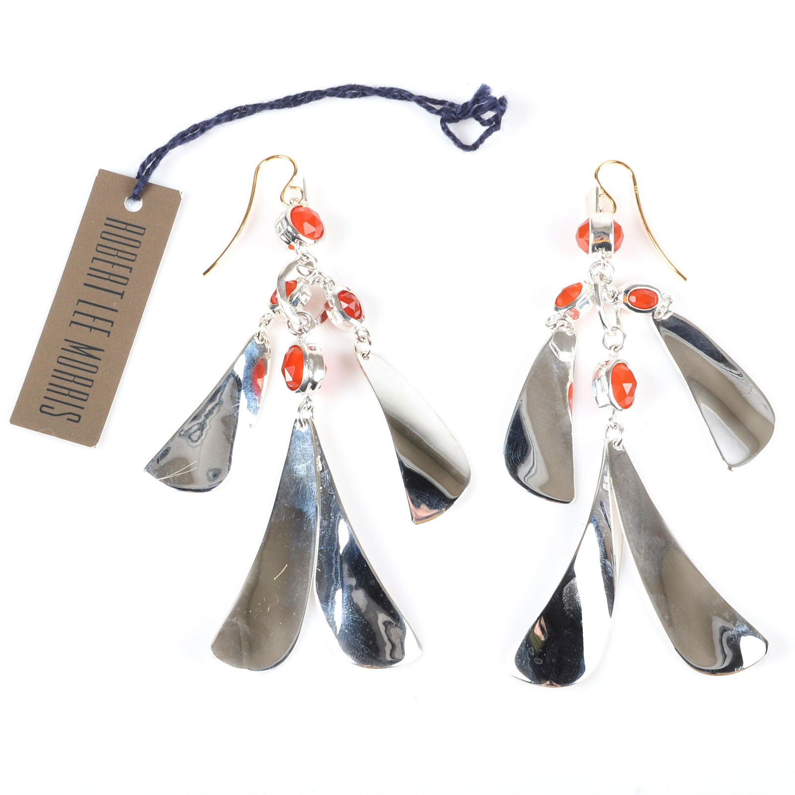 Robert Lee Morris RLM designer 3 3/4"H sterling silver: Robert Lee Morris RLM designer 3 3/4"H sterling silver chandelier earrings with dangling feather panels, double sided amber orange faceted stones, 14K gold hooks, marked 925 ROBERT LEE MORRIS, new old