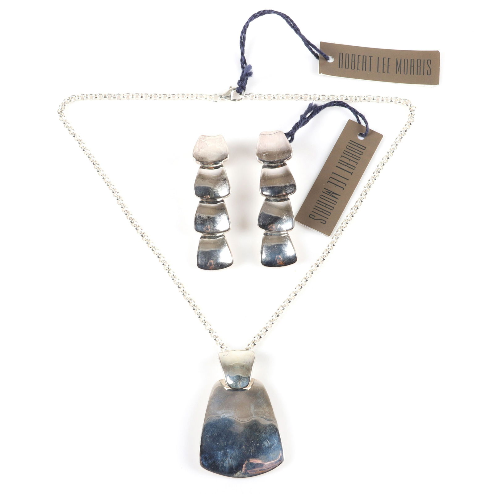Robert Lee Morris RLM designer sterling silver cable: Robert Lee Morris RLM designer sterling silver cable chain necklace with 2"H door knocker pendant and articulated wedge earrings, marked Robert Lee Morris 925, new old stock with original tags. Robert