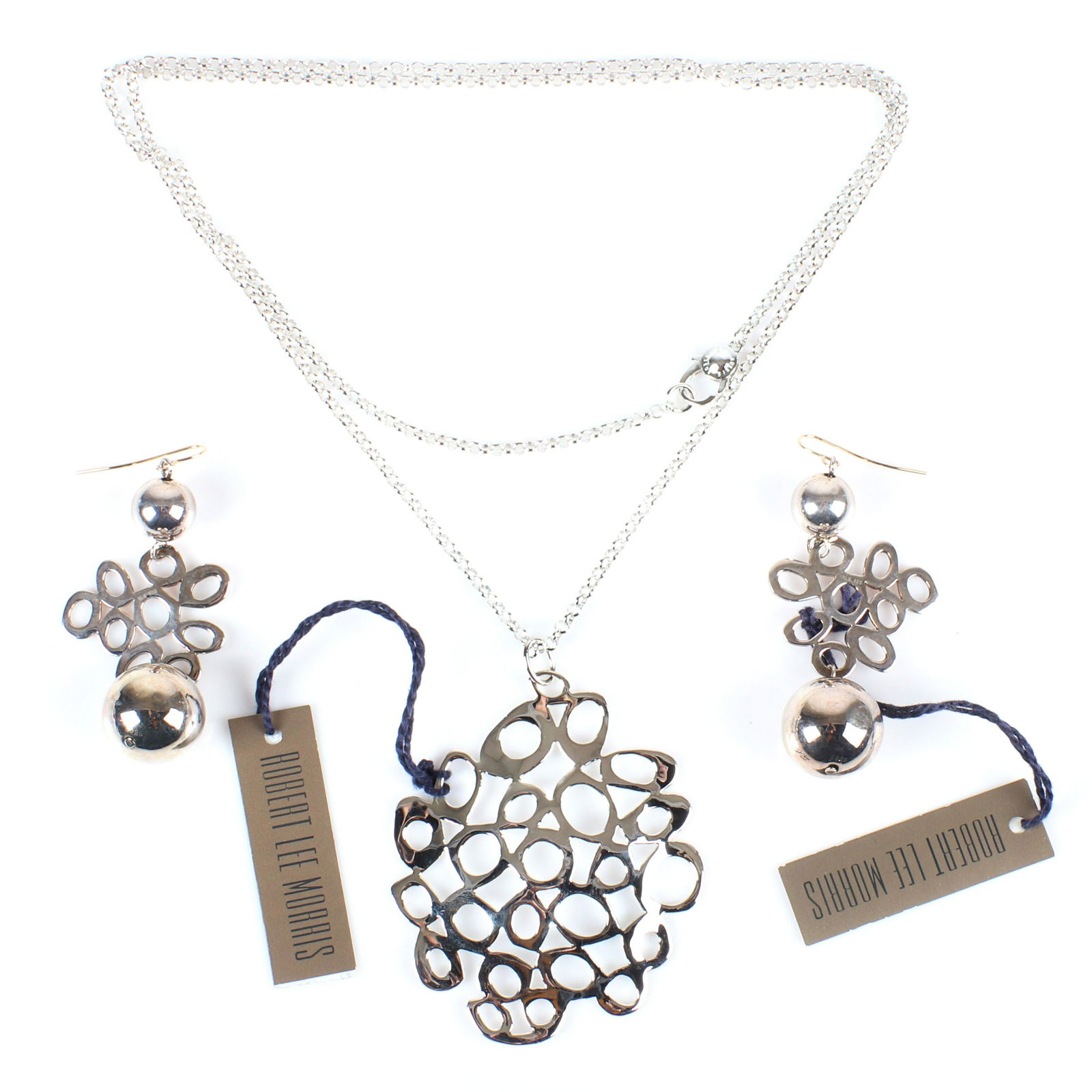 Robert Lee Morris RLM 2pc designer group: cable chain: Robert Lee Morris RLM 2pc designer group: cable chain necklace with 2"H web pendant and web and ball drop earrings, marked Robert Lee Morris 925, new old stock with original tags. Robert Lee Morris (b