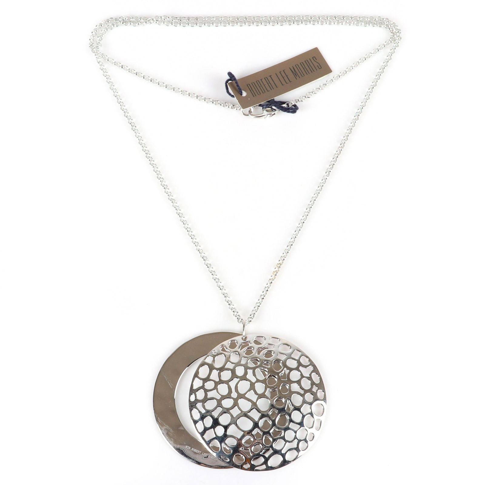 Robert Lee Morris RLM designer sterling silver cable: Robert Lee Morris RLM designer sterling silver cable chain necklace with 2 1/2"H diam. web disk slide over open circle pendant, marked 925 Robert Lee Morris, new old stock with original tags. Robert L