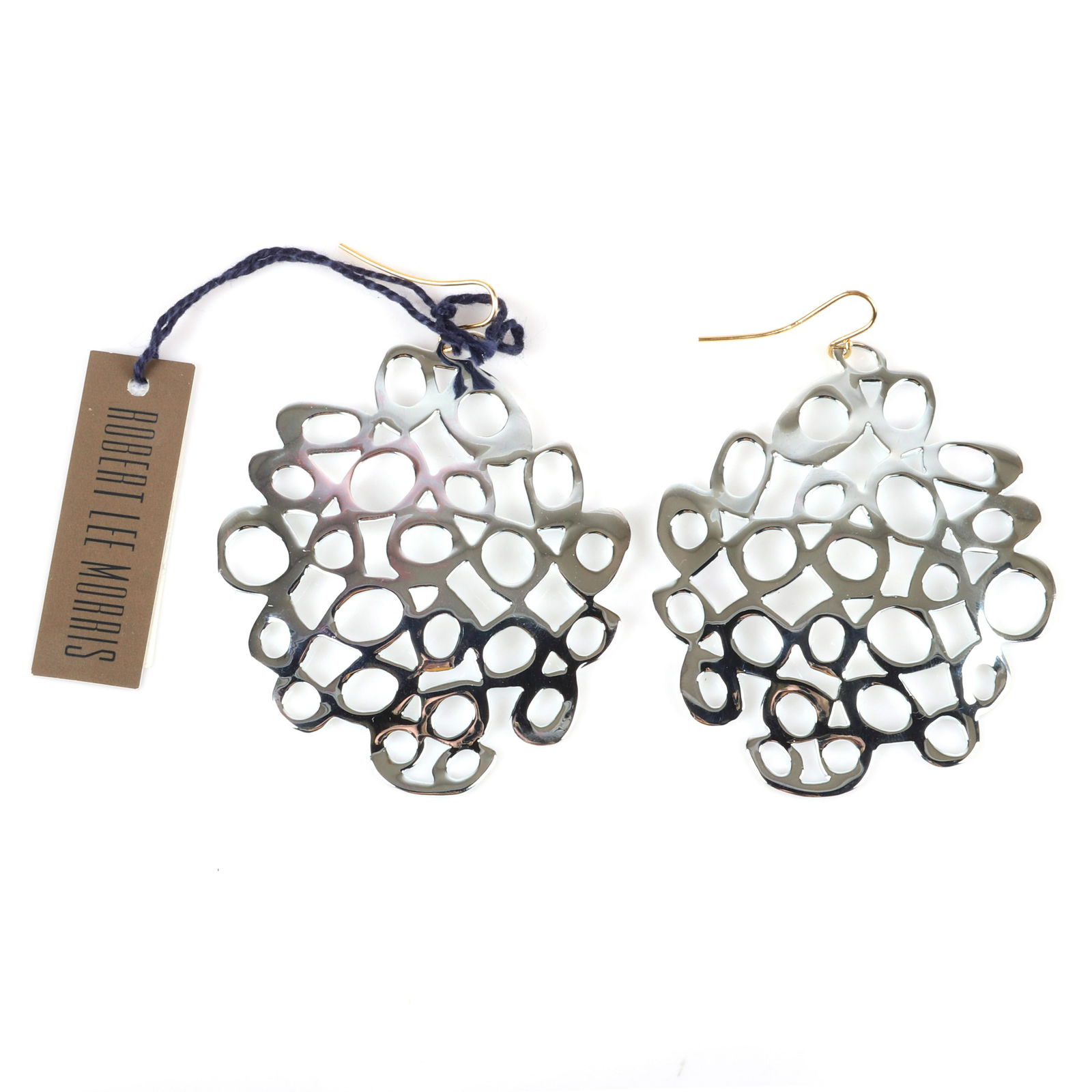 Robert Lee Morris RLM designer large 3"H sterling: Robert Lee Morris RLM designer large 3"H sterling silver open work modernist "Web" drop earrings with 14K gold hooks, marked 925 RLM, new old stock with original tags. Robert Lee Morris (born 1947)is