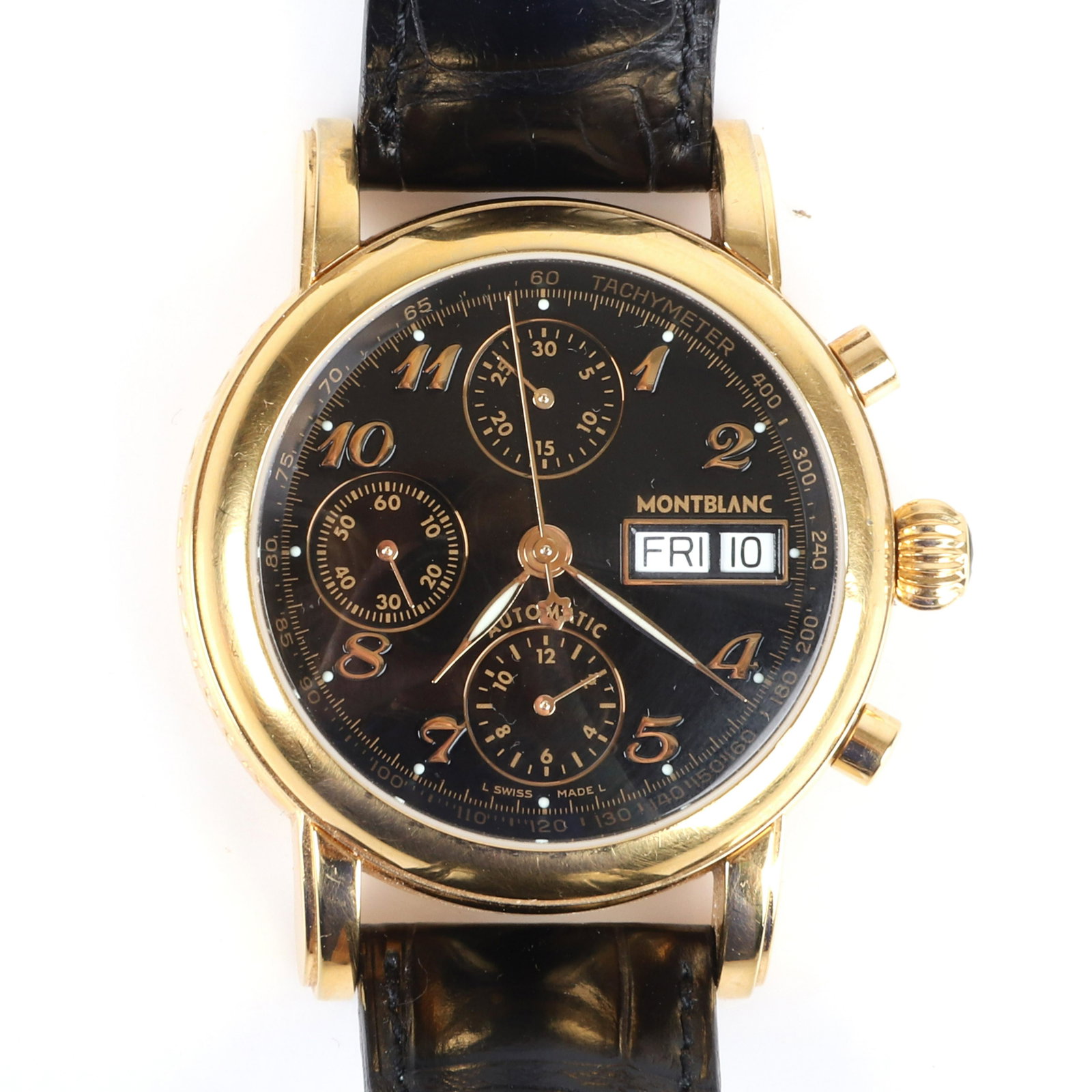 Mont Blanc gold plated automatic chronograph gentleman: Montblanc gold plated automatic chronograph gentleman's Meisterstuck 4810 wrist watch. with black dial with, gilt Arabic numerals, split day and date apertures set to three o'clock, subsidiary recorde