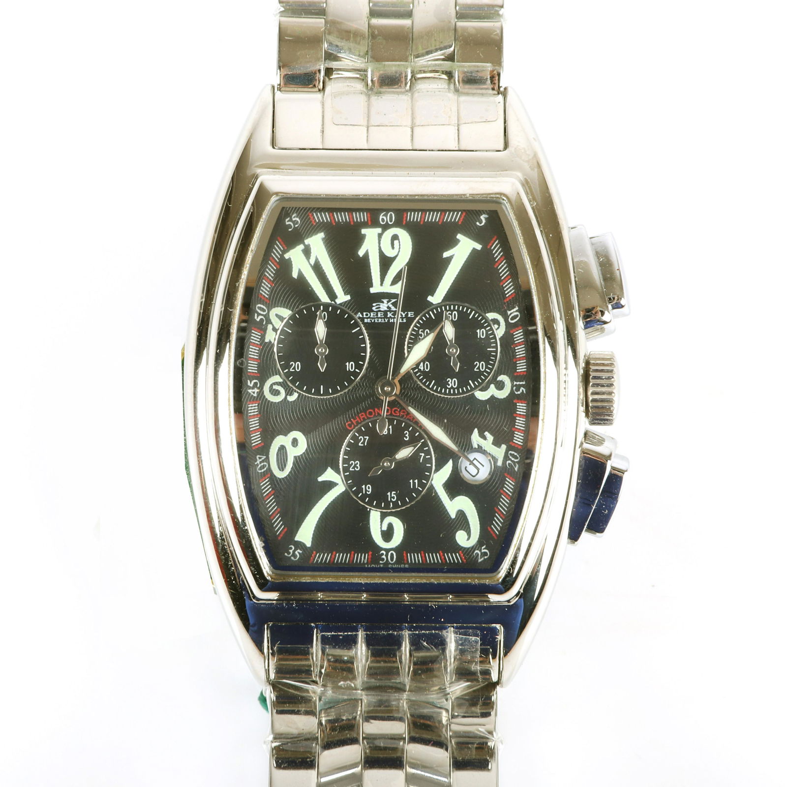 Man's Adee Kaye Beverly Hills Classic Collection Quartz: Man's Adee Kaye Beverly Hills Classic Collection Quartz Stainless Steel Chronograph gentlemen's watch with original tags. 1 1/2" x 1 1/4" (case)