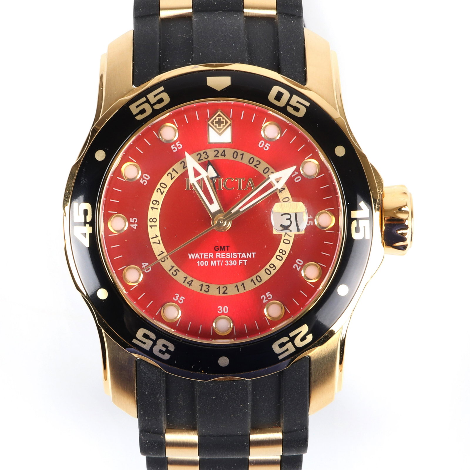 Invicta Men's Pro Diver Wrist Watch w/Red Dial - Model: Invicta Men's Pro Diver Wrist Watch w/Red Dial - Model 6992, black and gold-tone stainless steel case with black rubber band, Swiss-made quartz movement, water resistant to 100 m. cace 49mm, band adju